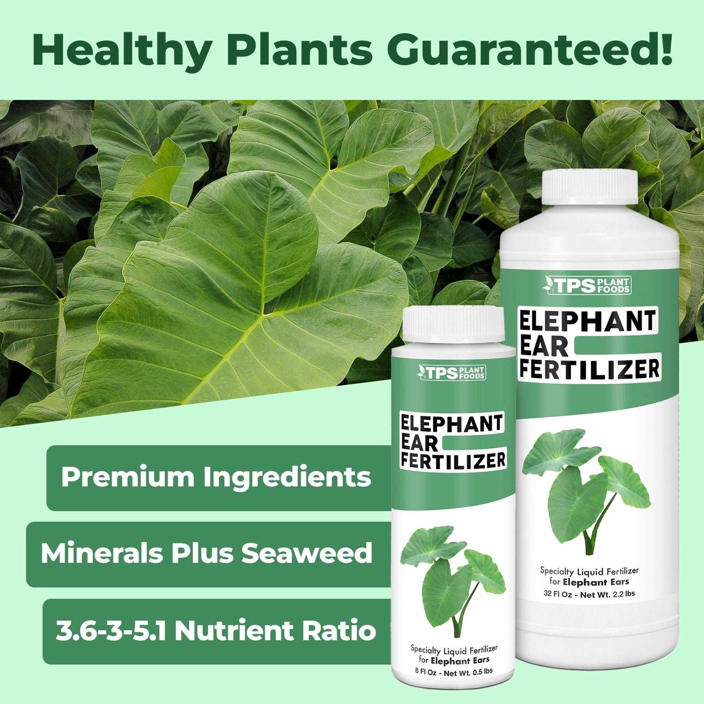 Elephant Ear Fertilizer product package shown with plants