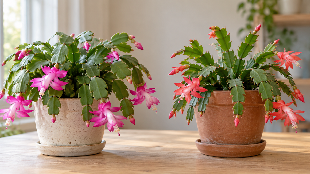 Christmas cactus next to a thanksgiving cactus