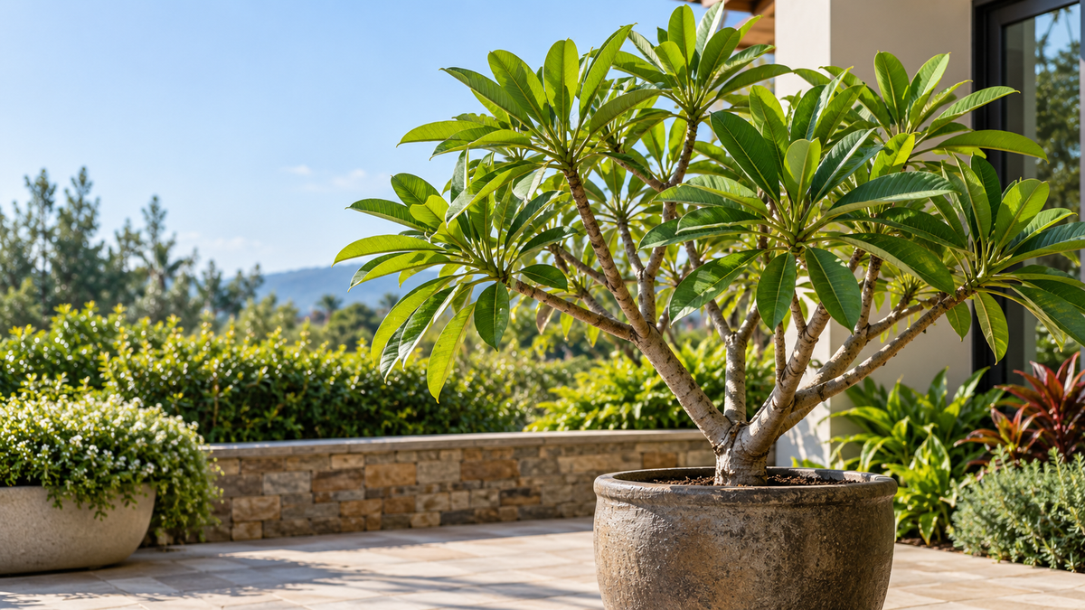 plumeria plant that is healthy but missing nutrients and not blooming