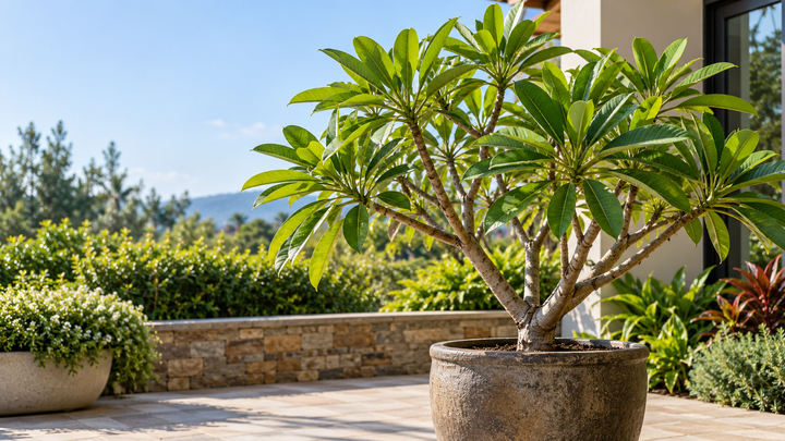 plumeria plant that is healthy but missing nutrients and not blooming