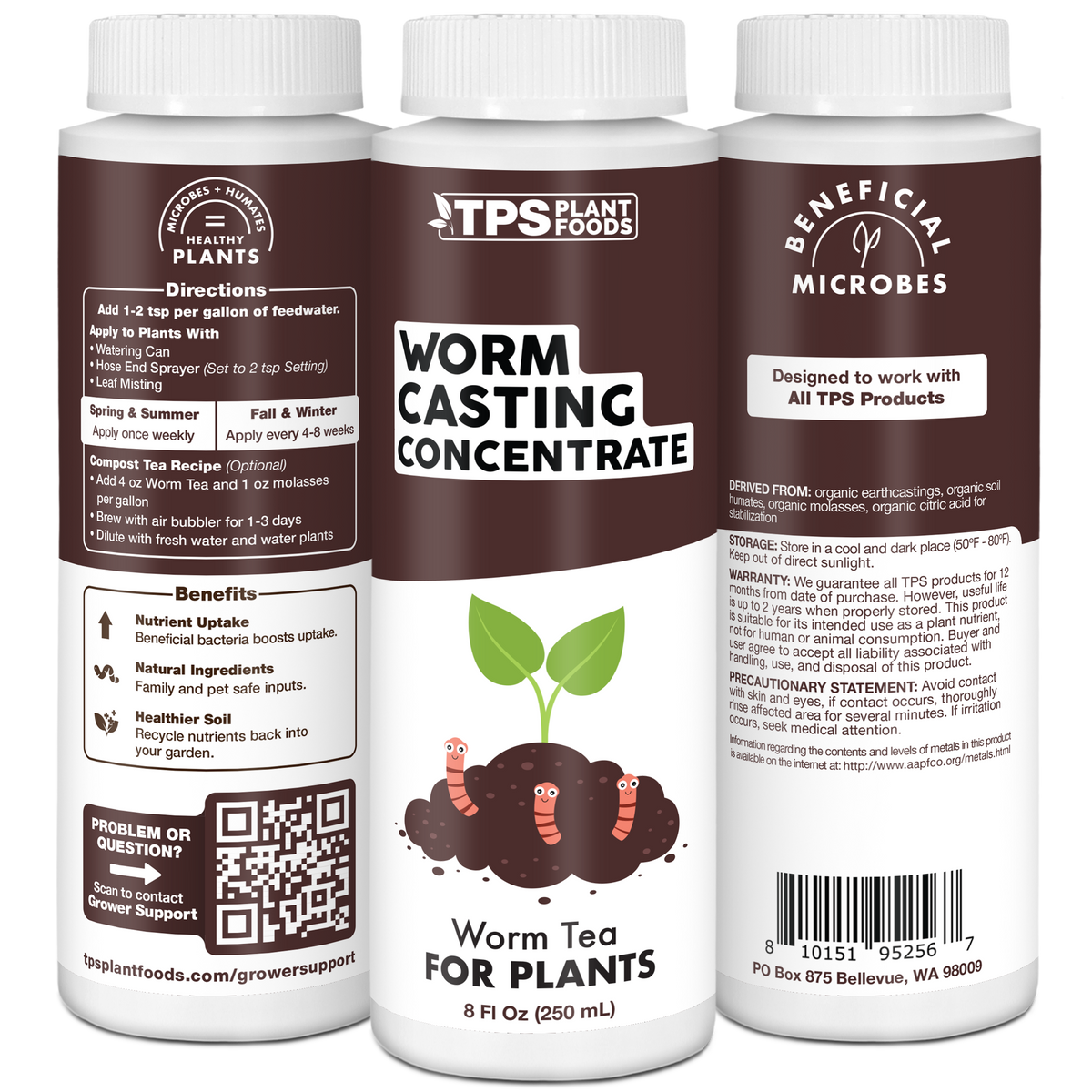 Worm Castings Concentrate product package shown with plants