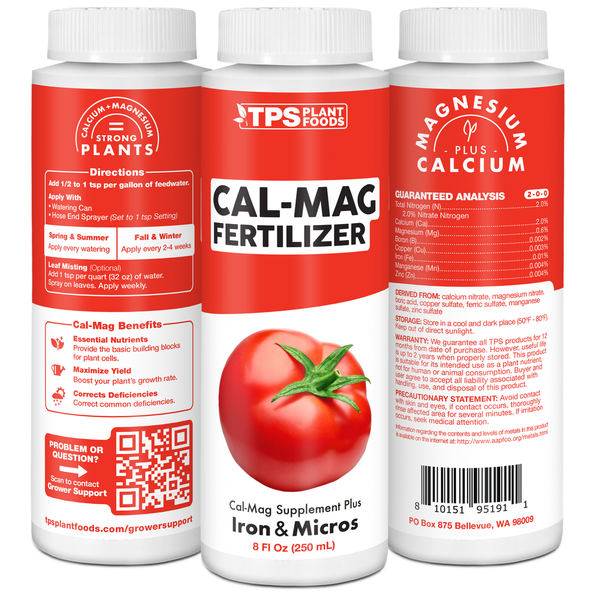 TPS Cal-Mag Fertilizer bottle shown with healthy plants [tri-wrap]