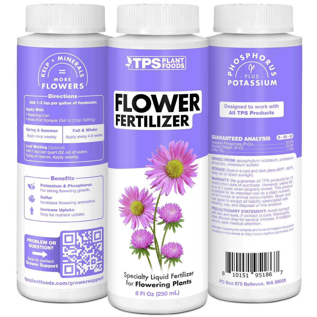 TPS Flowering Fertilizer bottle shown with healthy flowering plants