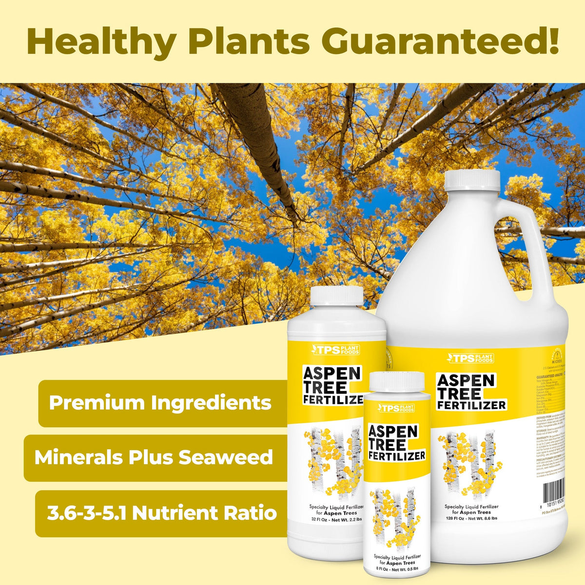 Aspen Tree Fertilizer product package shown with plants