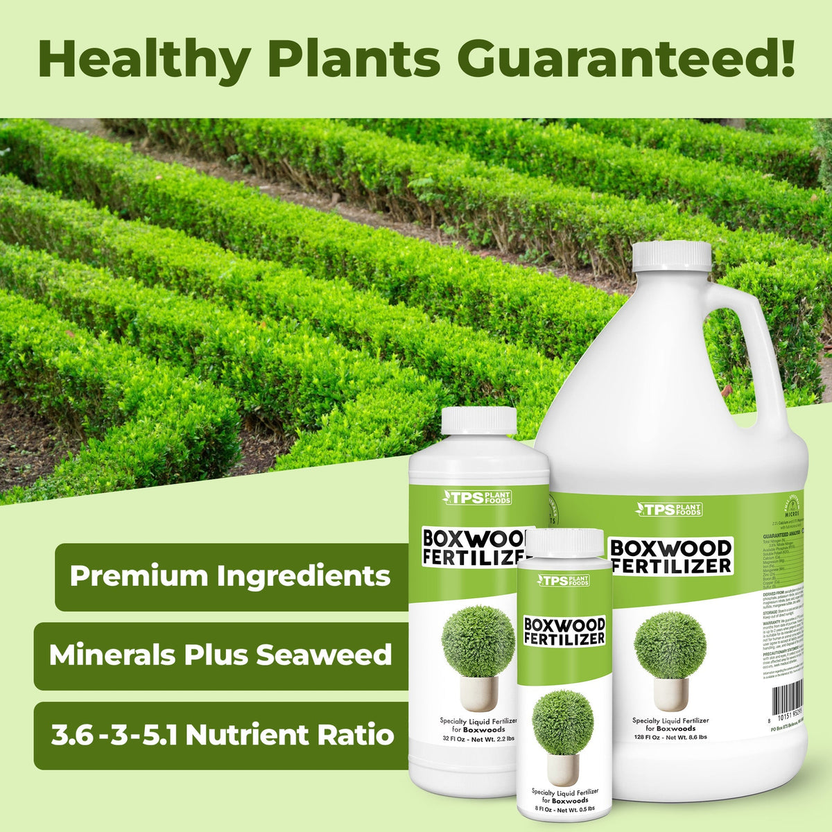 Boxwood Fertilizer product package shown with plants