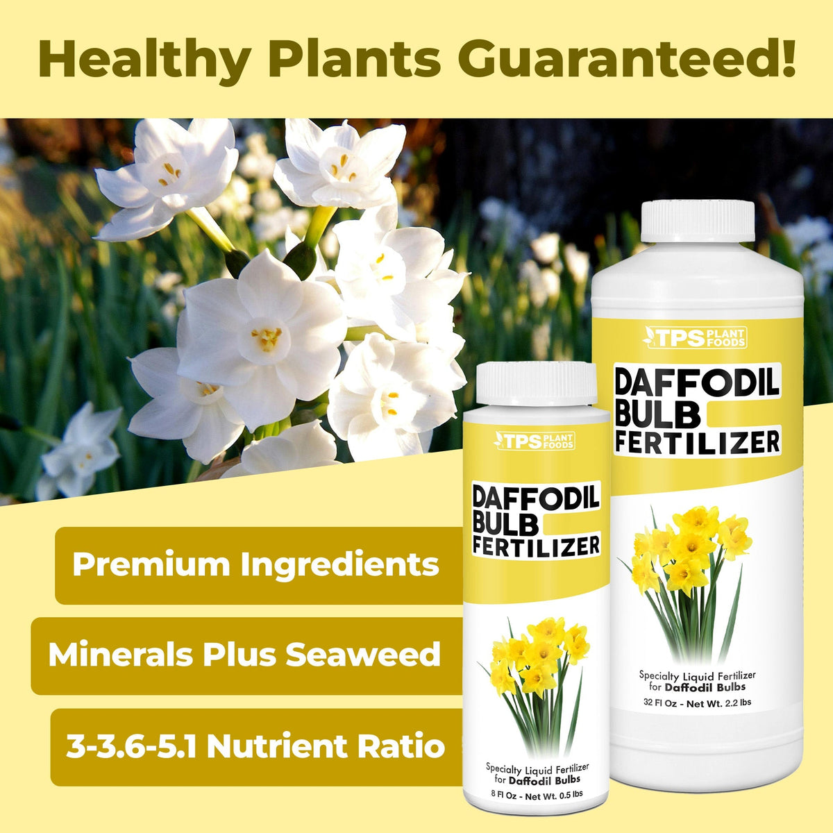 Daffodil Bulb Fertilizer product package shown with plants