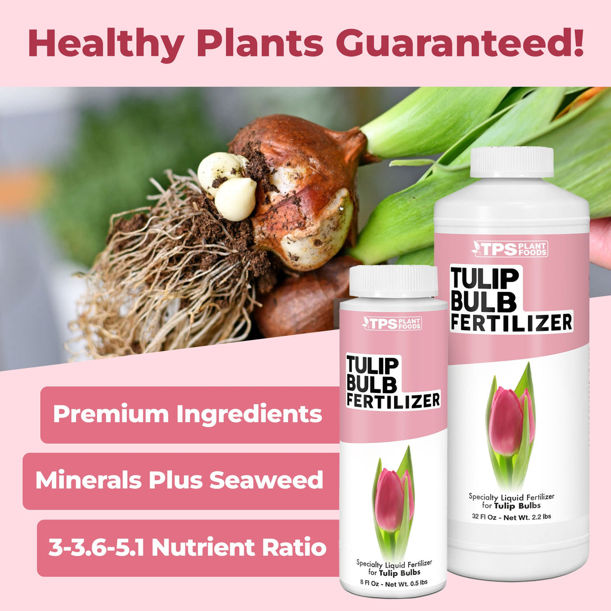 Tulip Bulb Fertilizer product package shown with plants