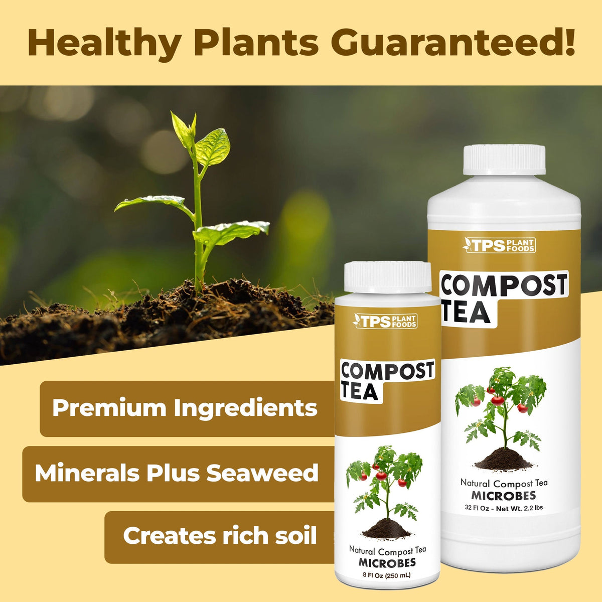 TPS Compost Tea bottle shown with healthy plants [guarantee]