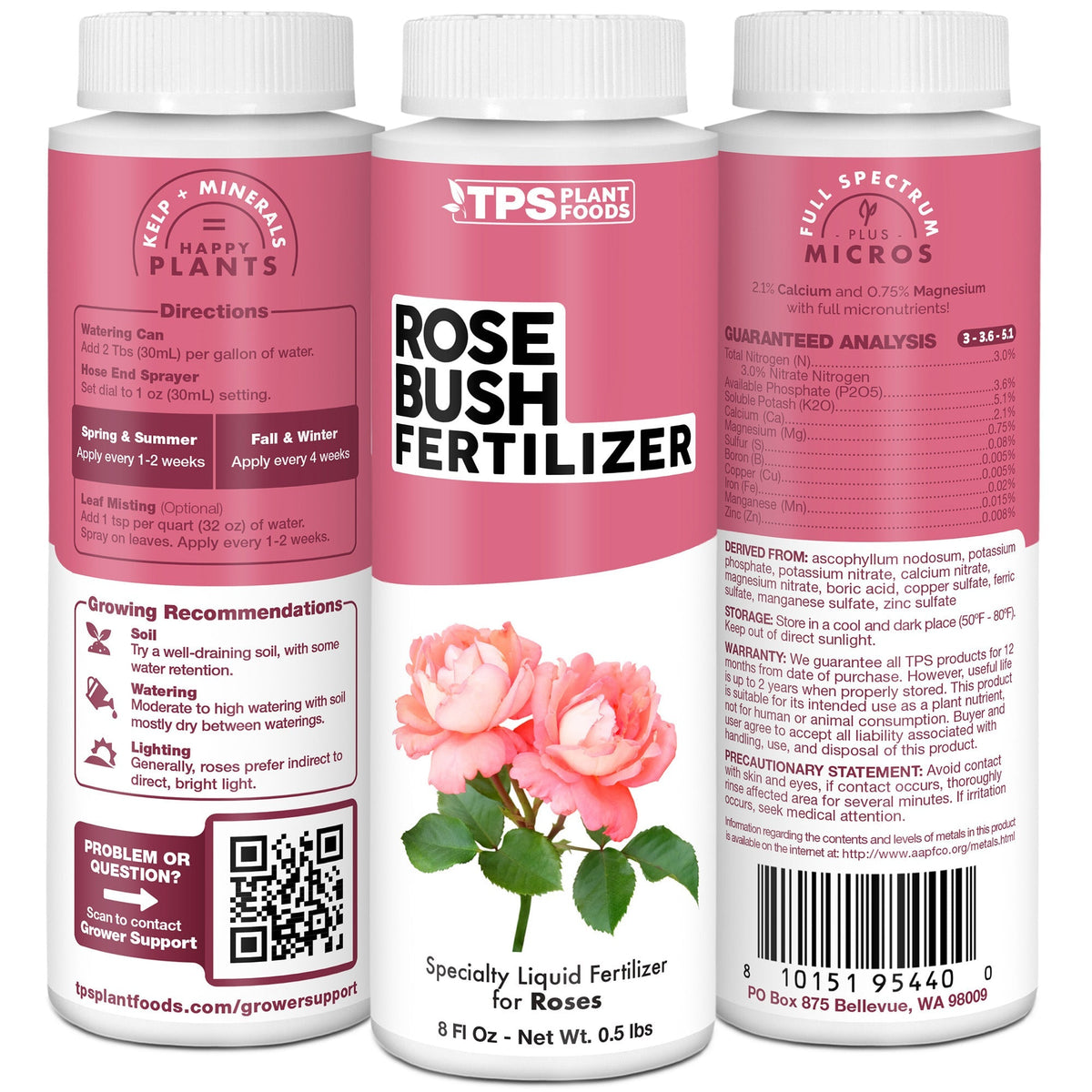 TPS Rose Bush Fertilizer 3-3.6-5.1 formula, ingredients and rose bush care details