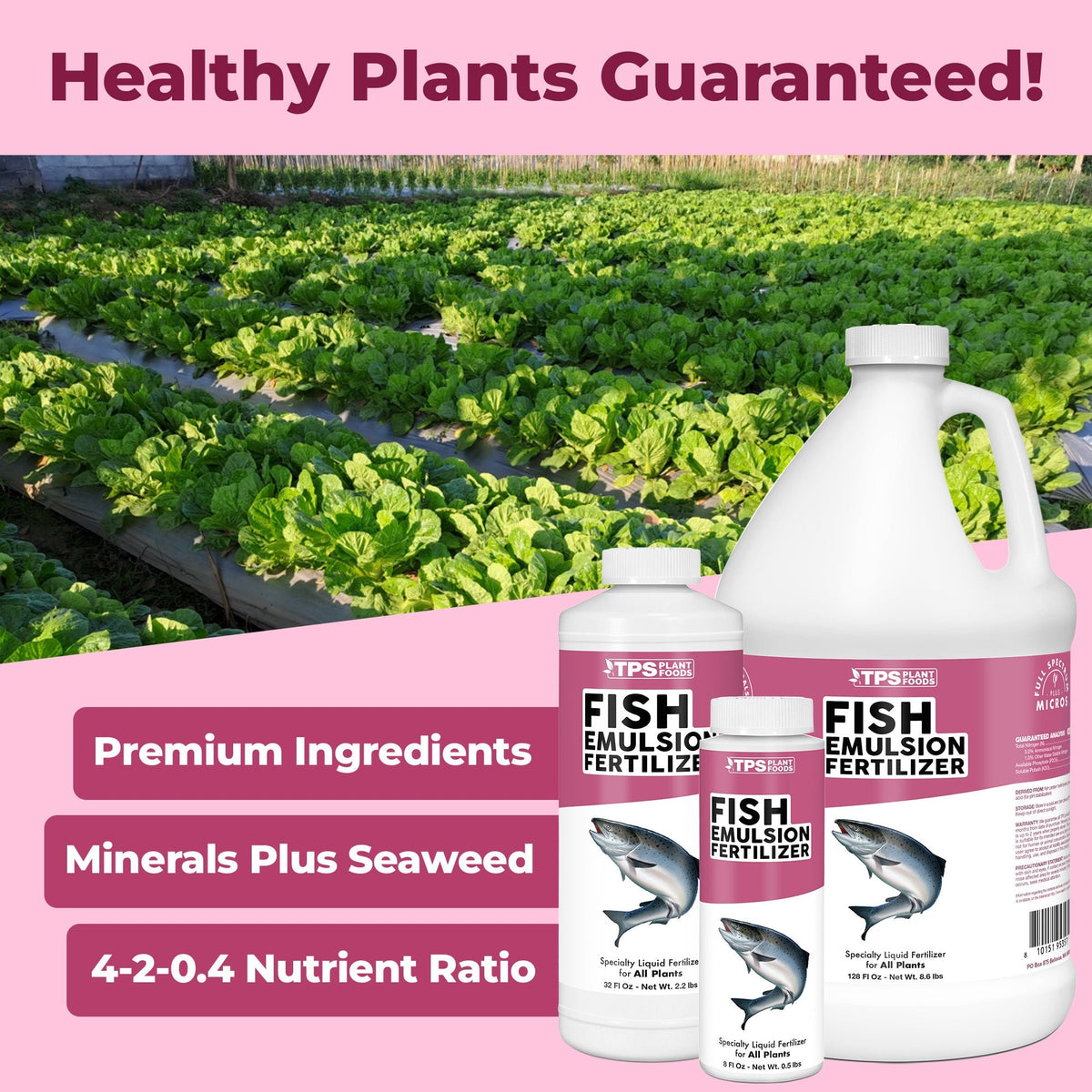 TPS Fish Emulsion Fertilizer bottle shown with healthy plants [guarantee]