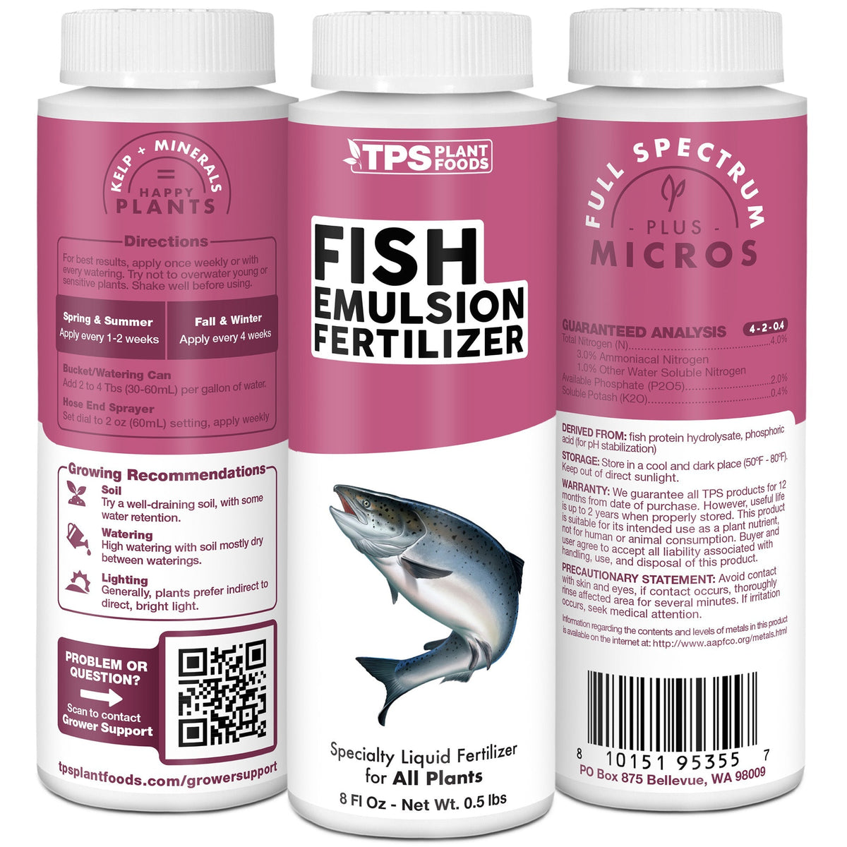 TPS Fish Emulsion Fertilizer 4-2-0.4 formula, ingredients and plants care details [tri-wrap]