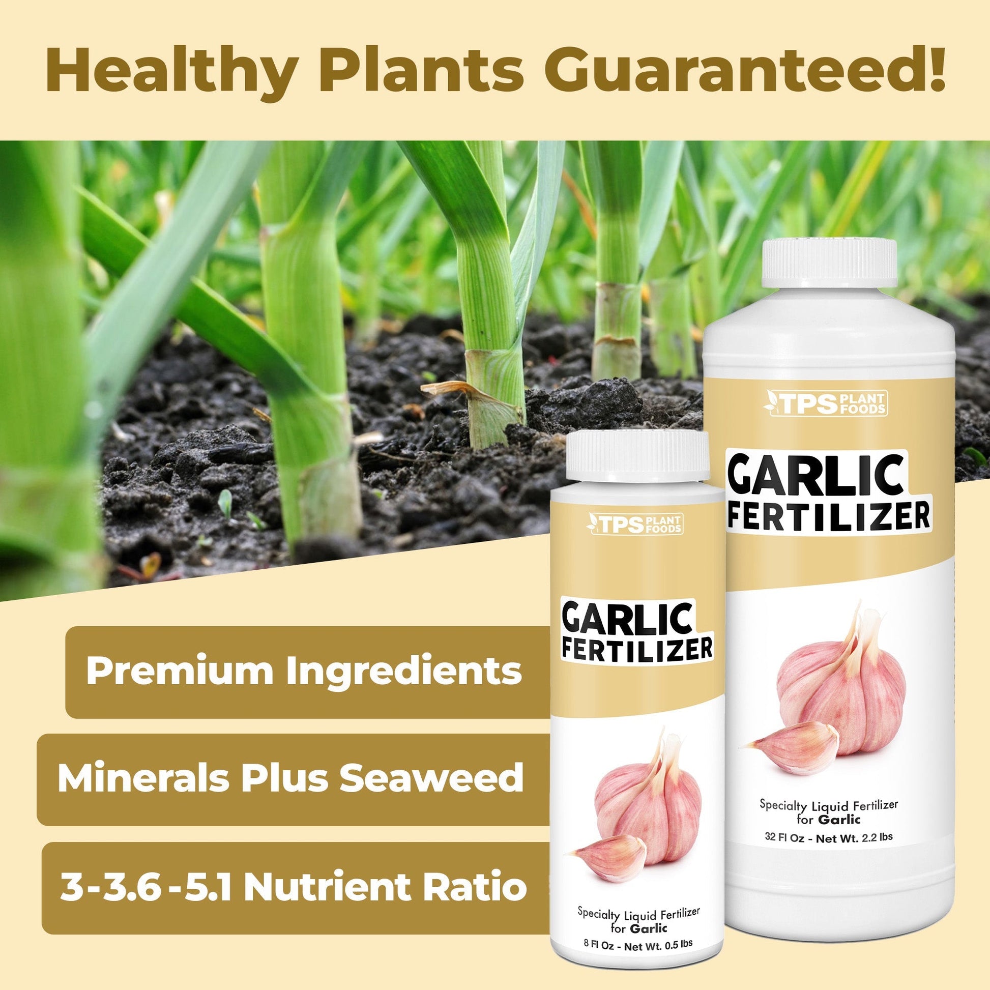 Garlic Fertilizer product package shown with plants