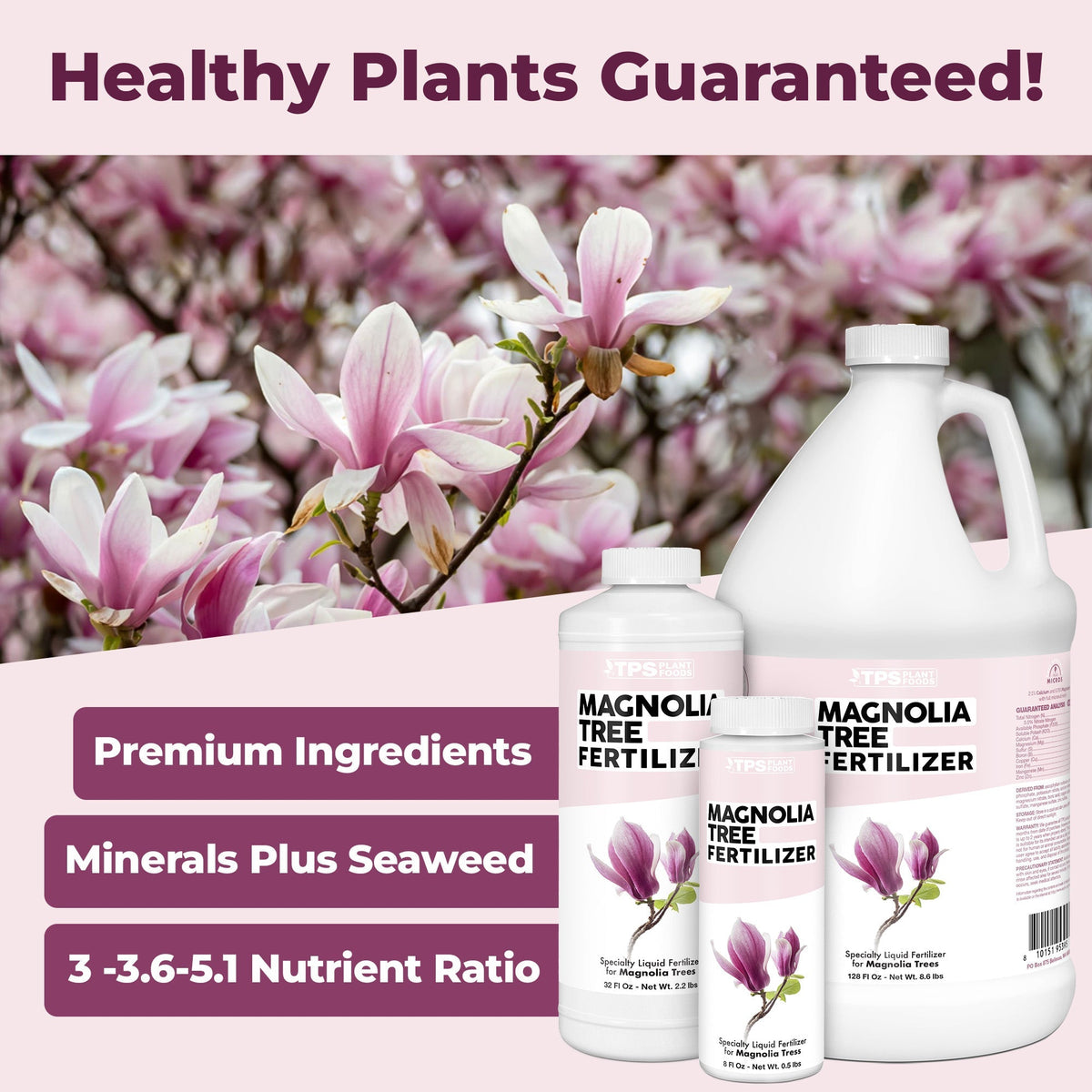 TPS Magnolia Tree Fertilizer bottle shown with healthy magnolia trees