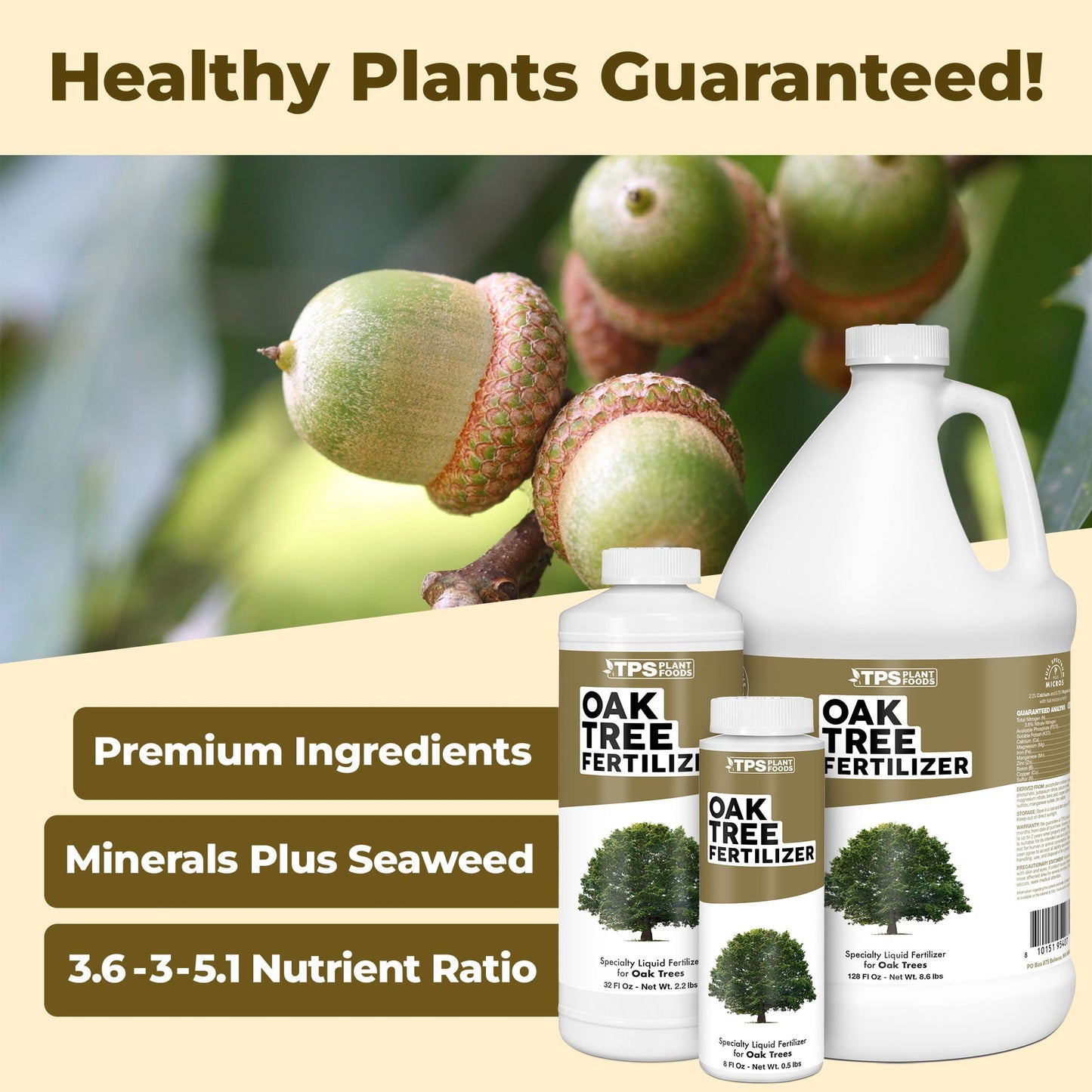 Oak Tree Fertilizer product package shown with plants