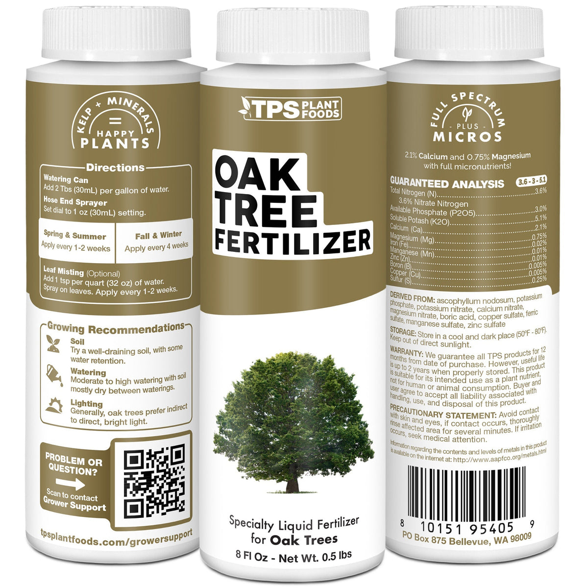 TPS Oak Tree Fertilizer 3.6-3-5.1 formula, ingredients and oak tree care details