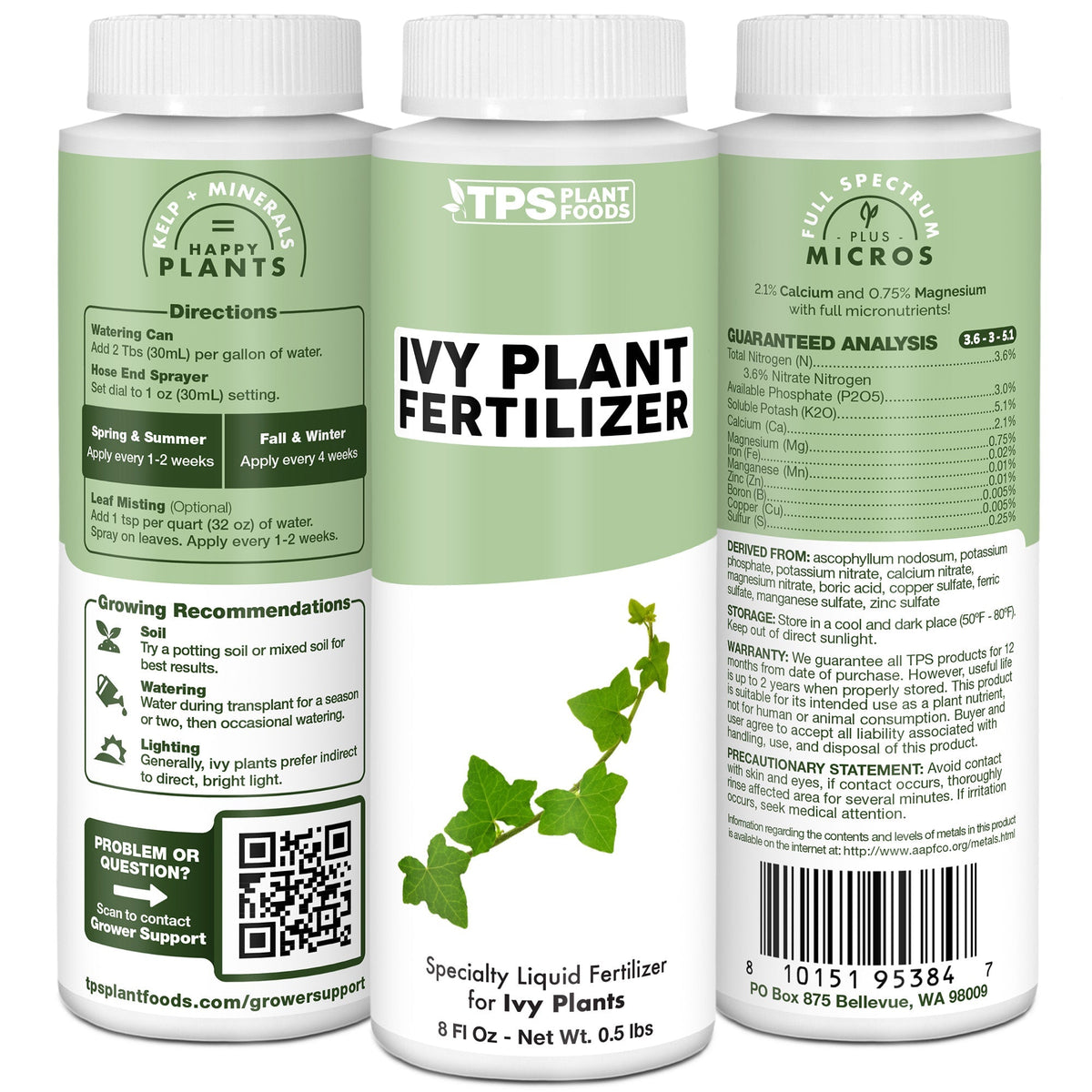 TPS Ivy Plant Food 3.6-3-5.1 formula, ingredients and ivy care details
