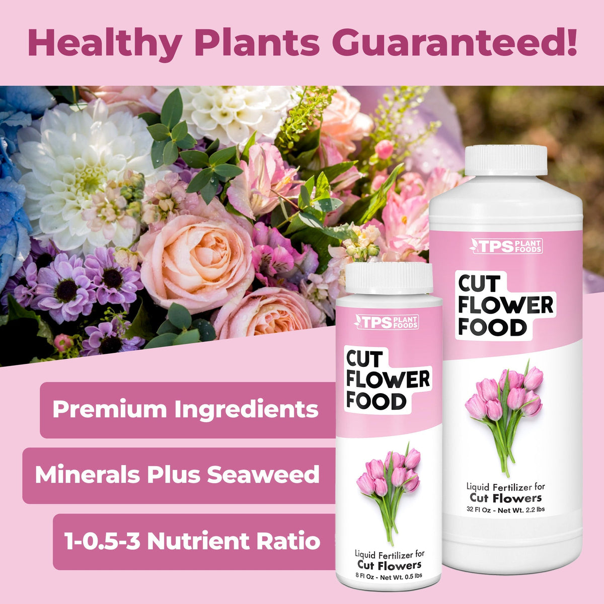 Cut Flower Food product package shown with plants