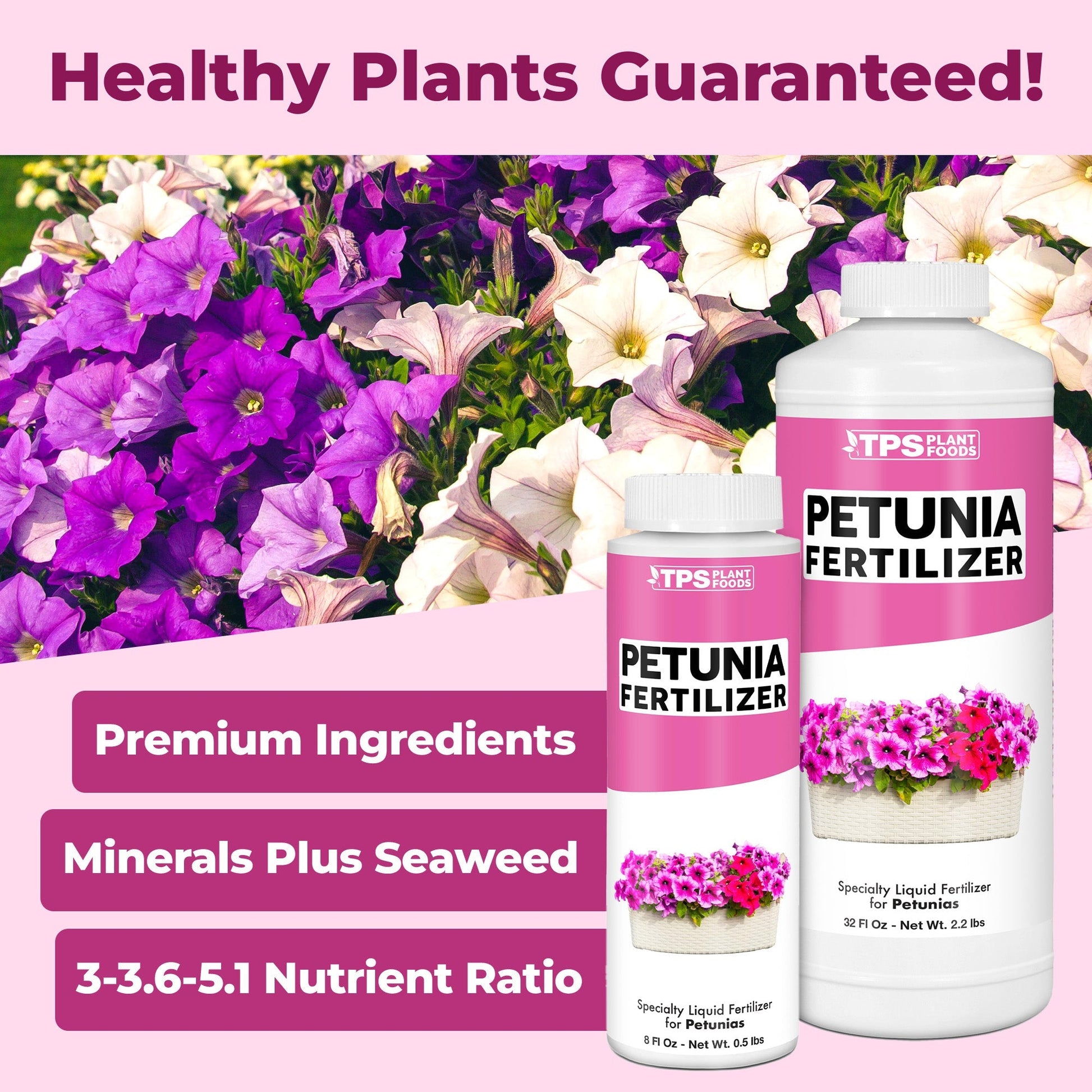 Petunia Fertilizer product package shown with plants