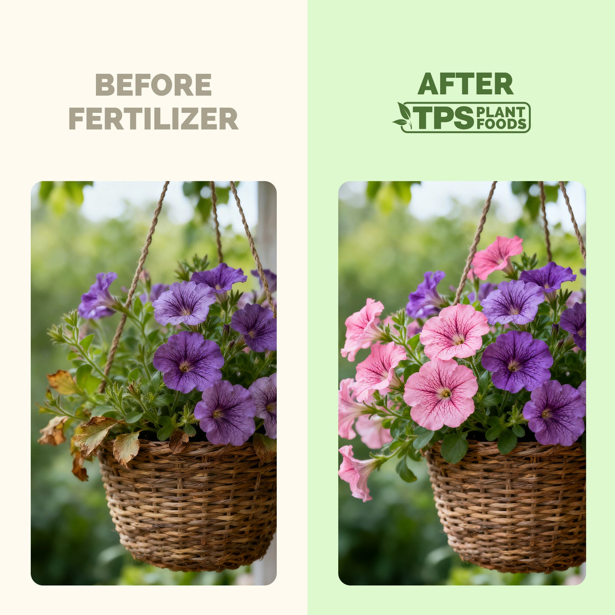 Plants before and after TPS Hanging Basket Plant Food: fuller, greener growth
