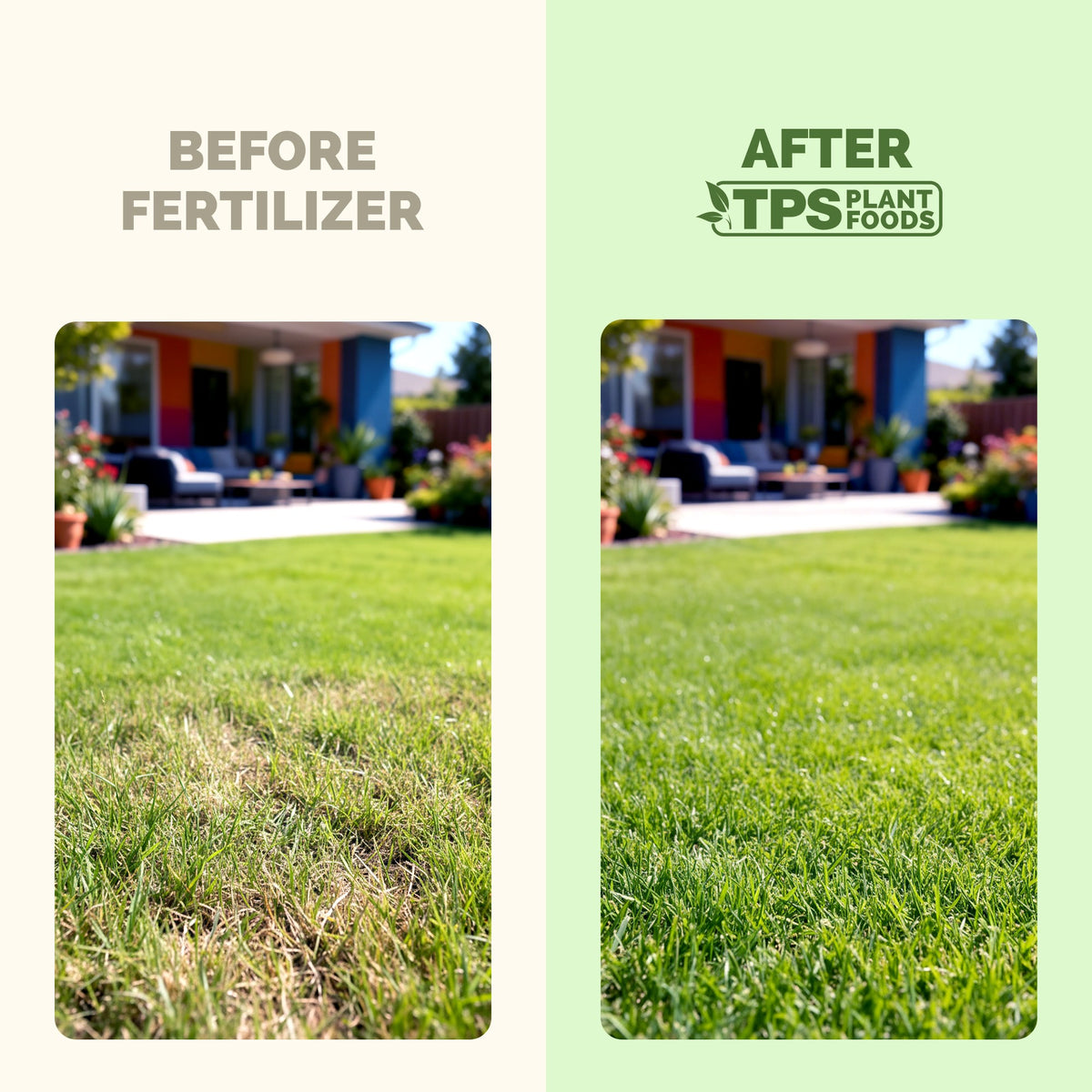 Lawns before and after TPS Lawn Fertilizer: thicker, greener turf