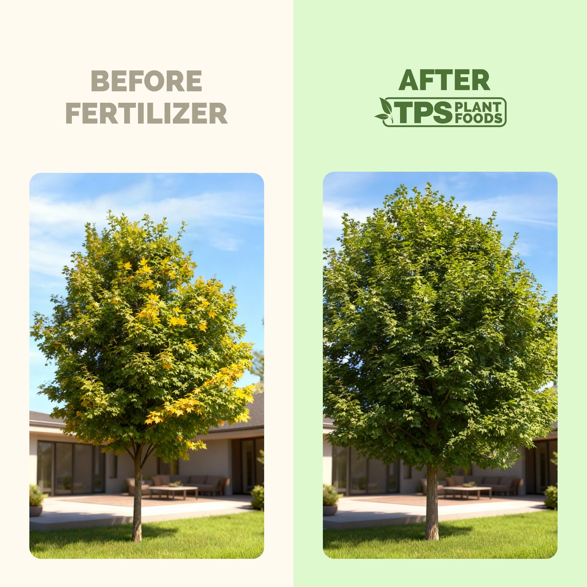 Maple tree before and after TPS Maple Tree Fertilizer: fuller, greener growth
