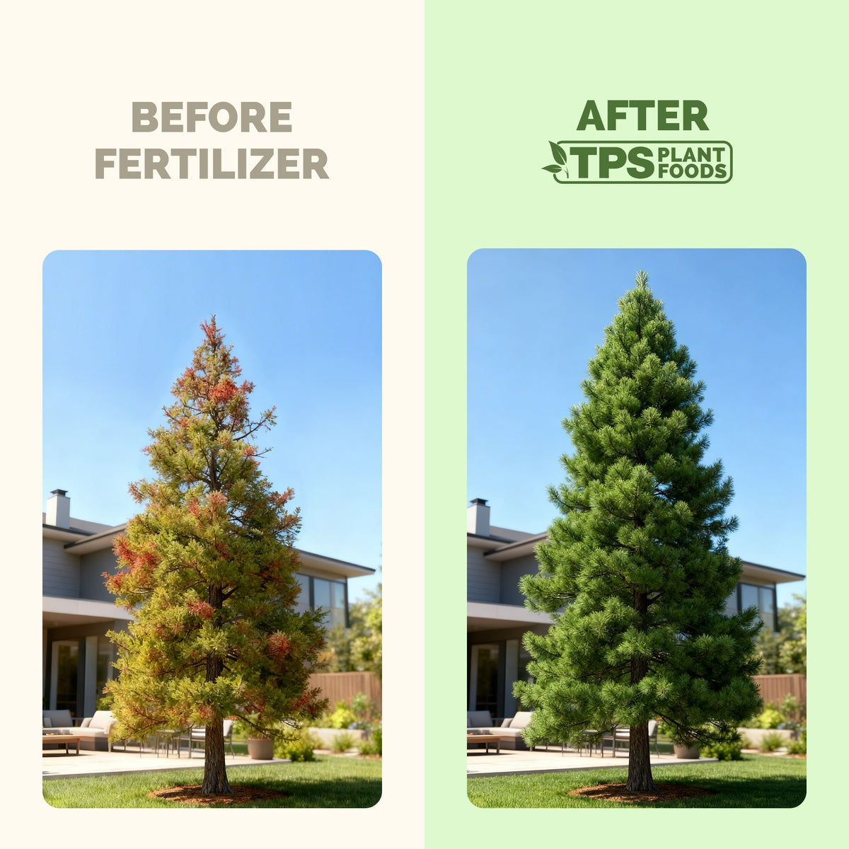 Pine tree before and after TPS Pine Tree Fertilizer: fuller, greener growth