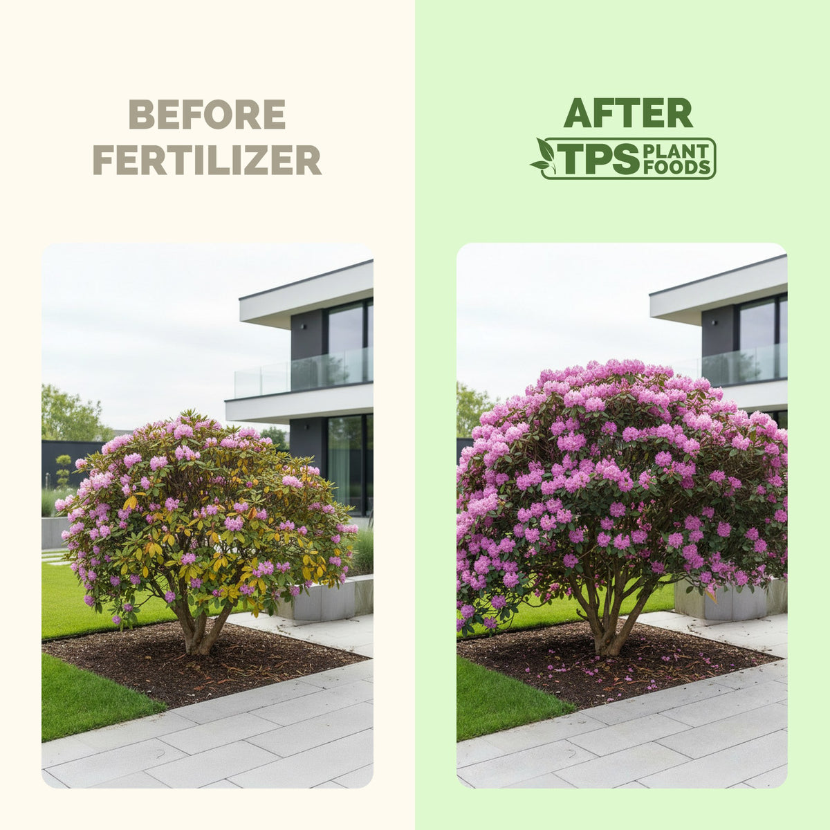 Rhododendron before and after TPS Rhododendron Fertilizer: more blooms