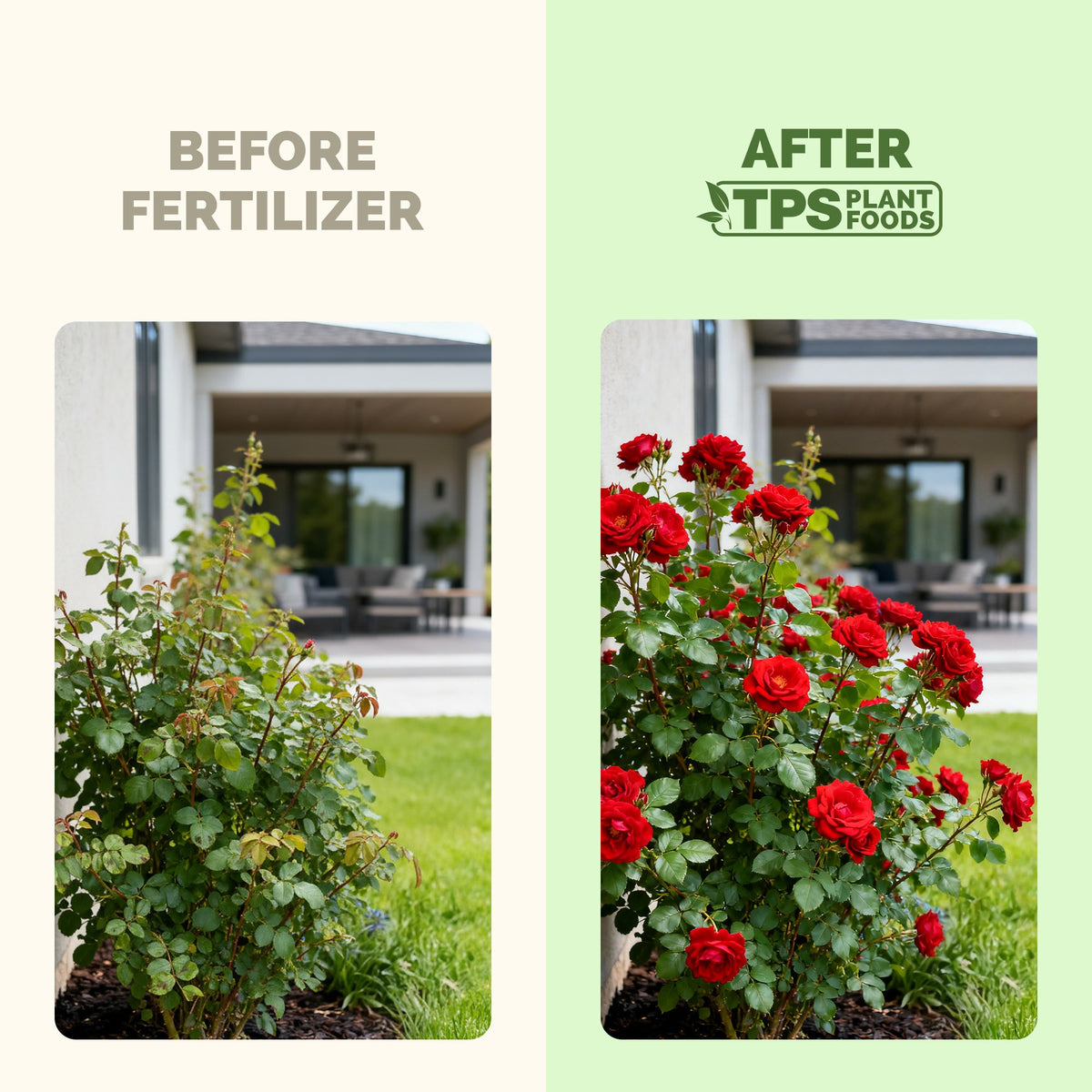 Rose before and after TPS Rose Fertilizer: more blooms