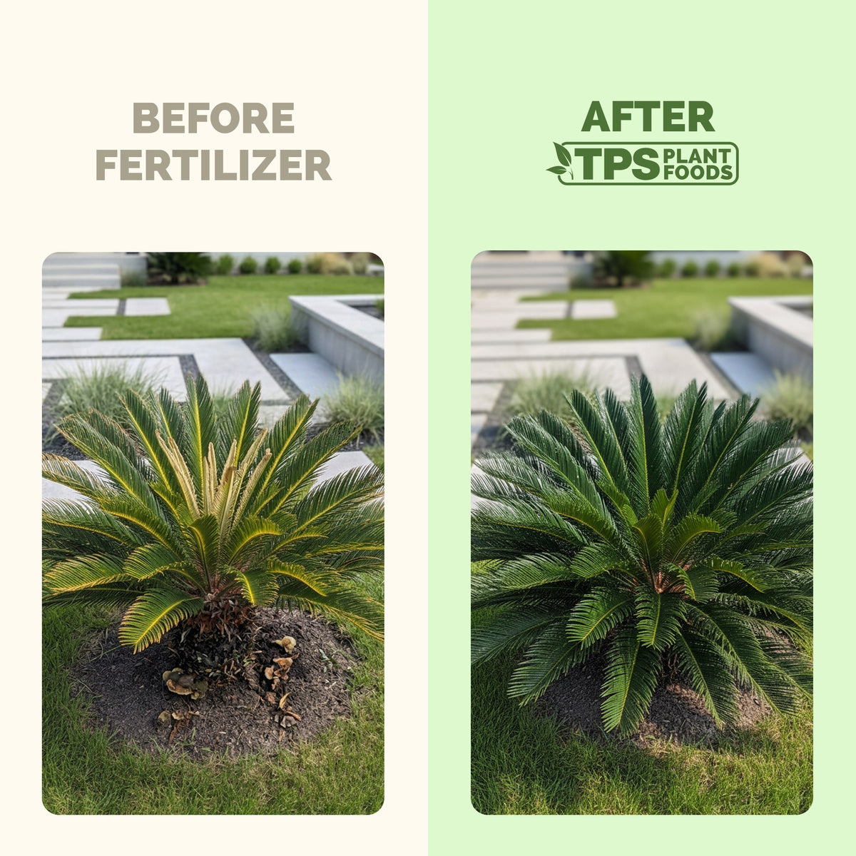 Sago palm before and after TPS Sago Palm Fertilizer: fuller, greener growth