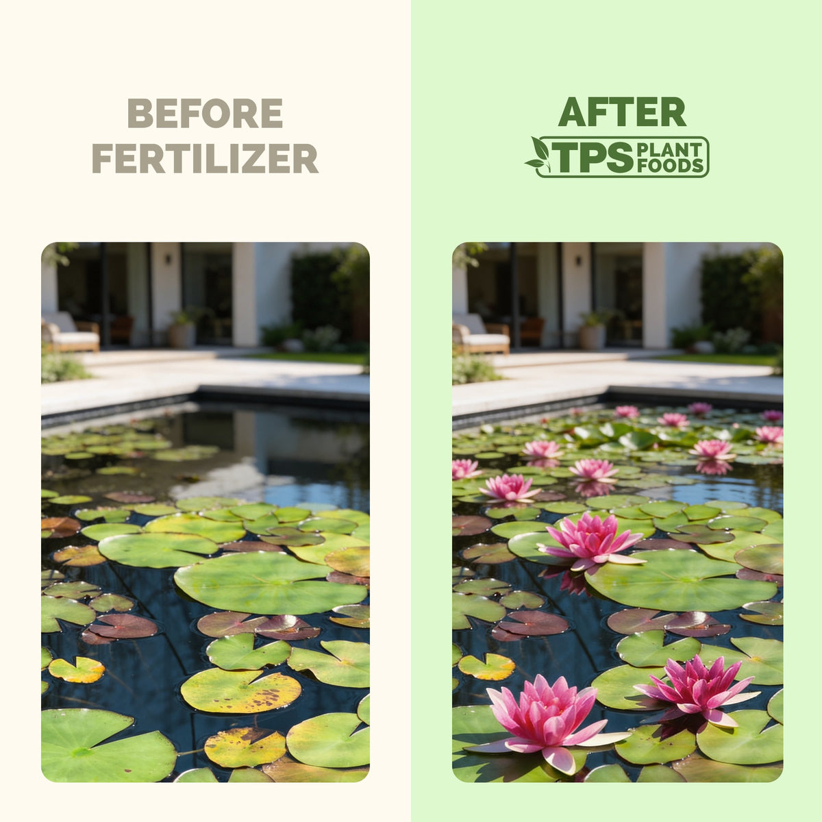 Before and after TPS Plant Foods: a lily pond with yellowing pads, then a pond full of pink water lily blooms [results]