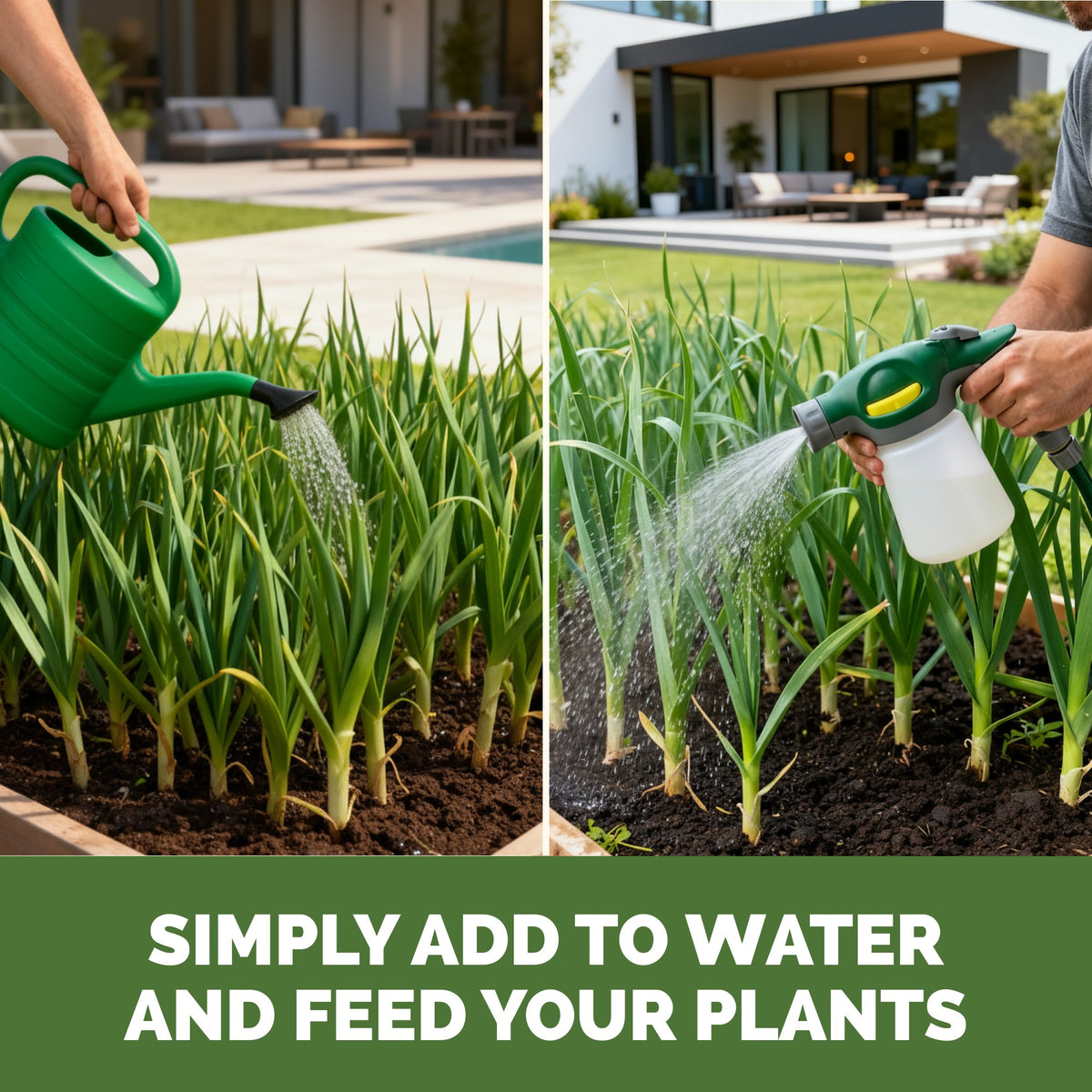 Feeding garlic with TPS Garlic Fertilizer by watering can or hose-end sprayer