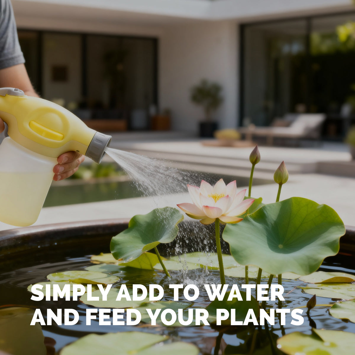 Simply add to water and feed your plants: a hand sprayer misting a lotus flower in a container water garden [how-to]