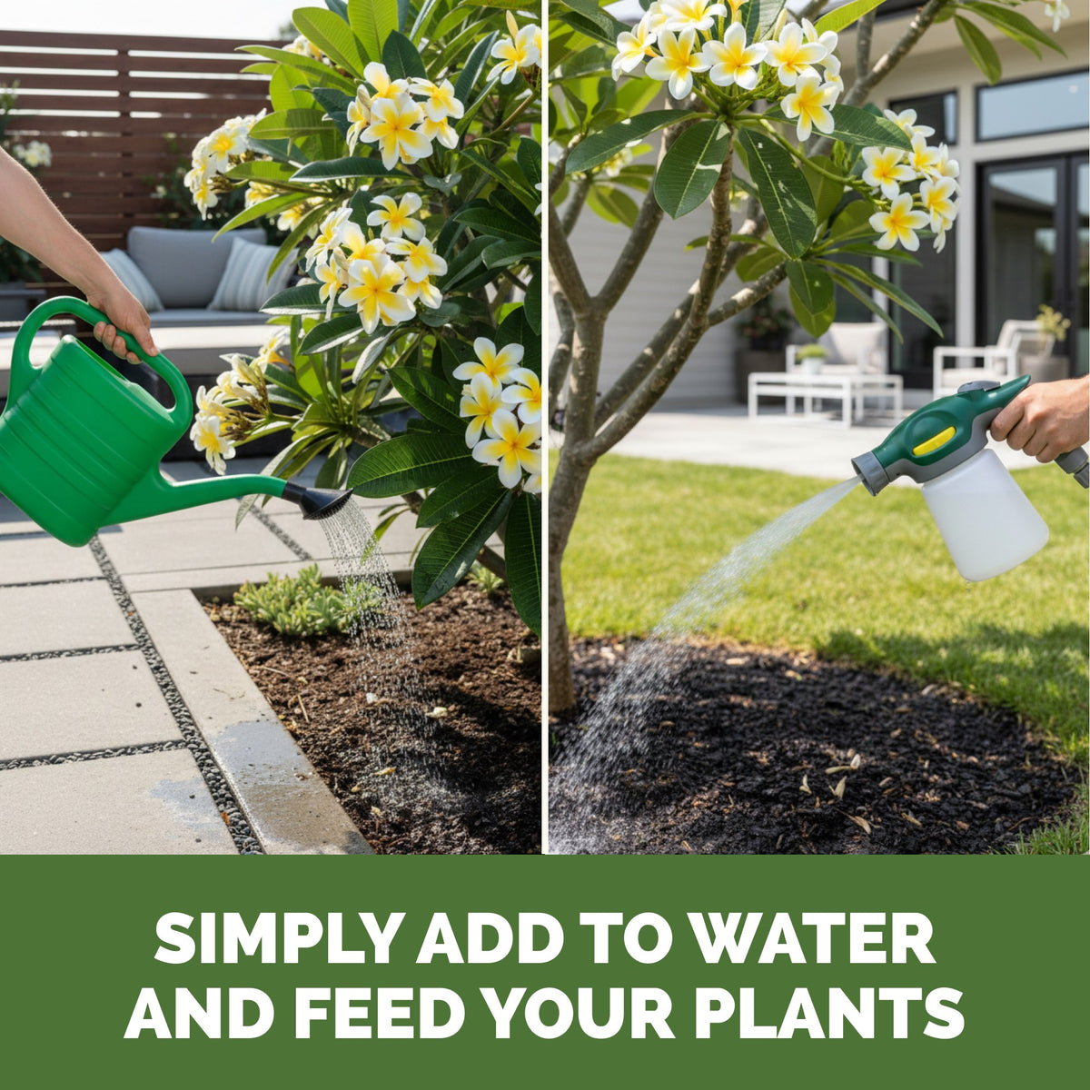 Feeding plumeria with TPS Plumeria Fertilizer by watering can or hose-end sprayer