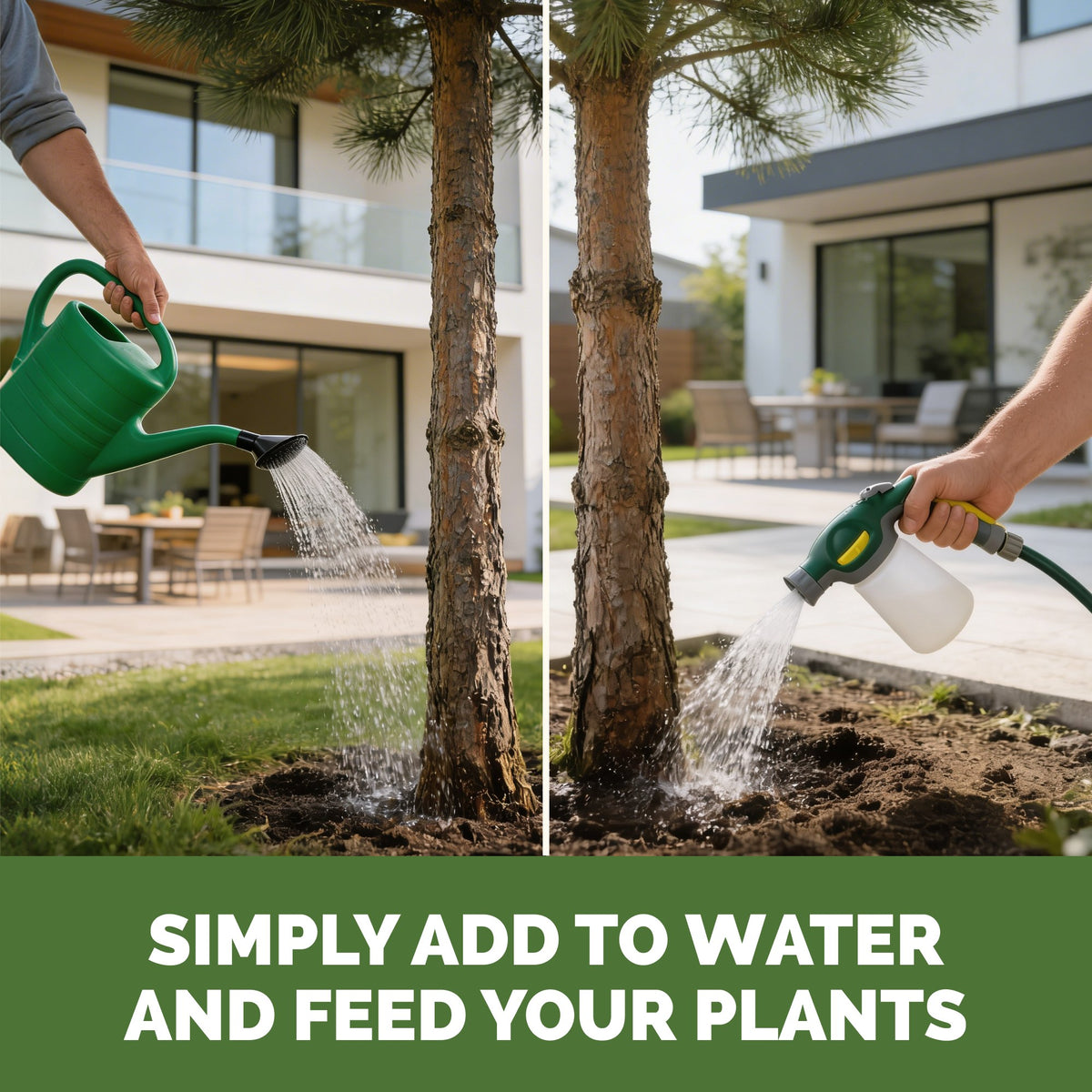 Feeding pine tree with TPS Pine Tree Fertilizer by watering can or hose-end sprayer