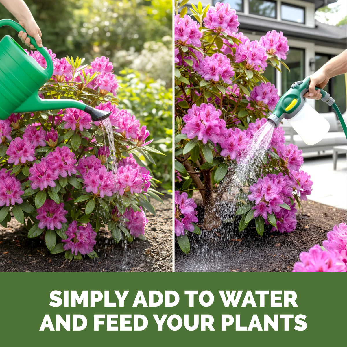 Feeding rhododendron with TPS Rhododendron Fertilizer by watering can or hose-end sprayer