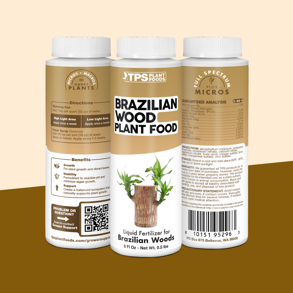 TPS Brazilian Wood Plant Food 8 oz bottle showing front label, directions (1 tsp per quart) and guaranteed analysis [tri-wrap]