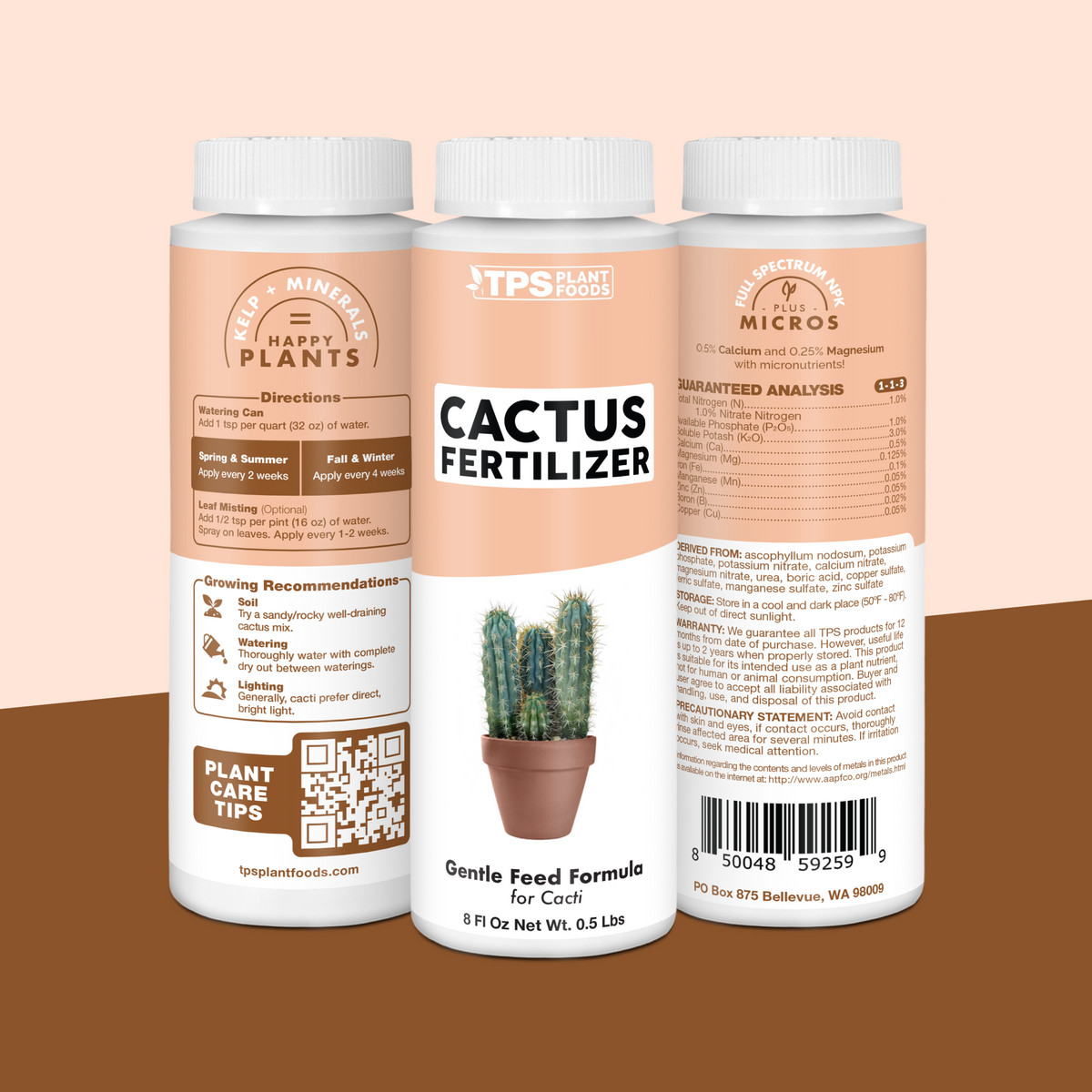 TPS Cactus Fertilizer 8 oz bottle showing front label, directions (1 tsp per quart) and guaranteed analysis