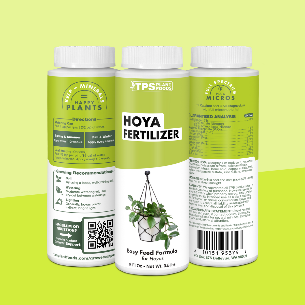 TPS Hoya Fertilizer 8 oz bottle showing front label, directions (1 tsp per quart) and guaranteed analysis [tri-wrap]