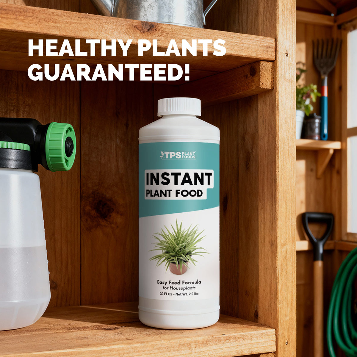TPS Instant Plant Food 32 oz bottle on a garden shed shelf beside a hose-end sprayer — healthy plants guaranteed [guarantee]