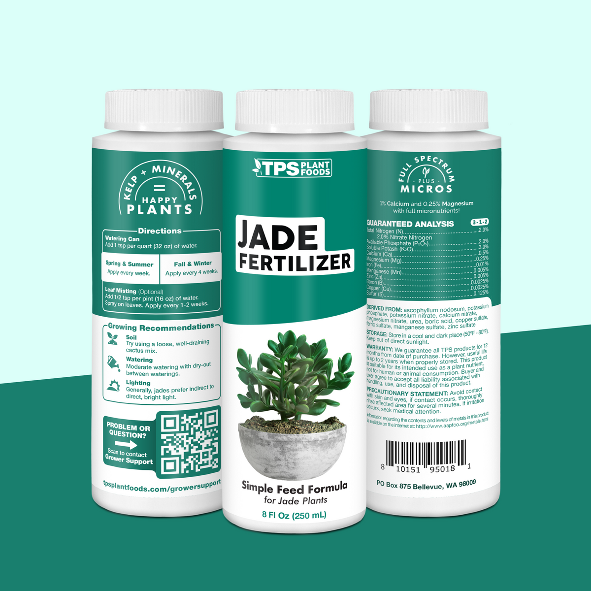 TPS Jade Fertilizer 8 oz bottle showing front label, directions (1 tsp per quart) and guaranteed analysis [tri-wrap]
