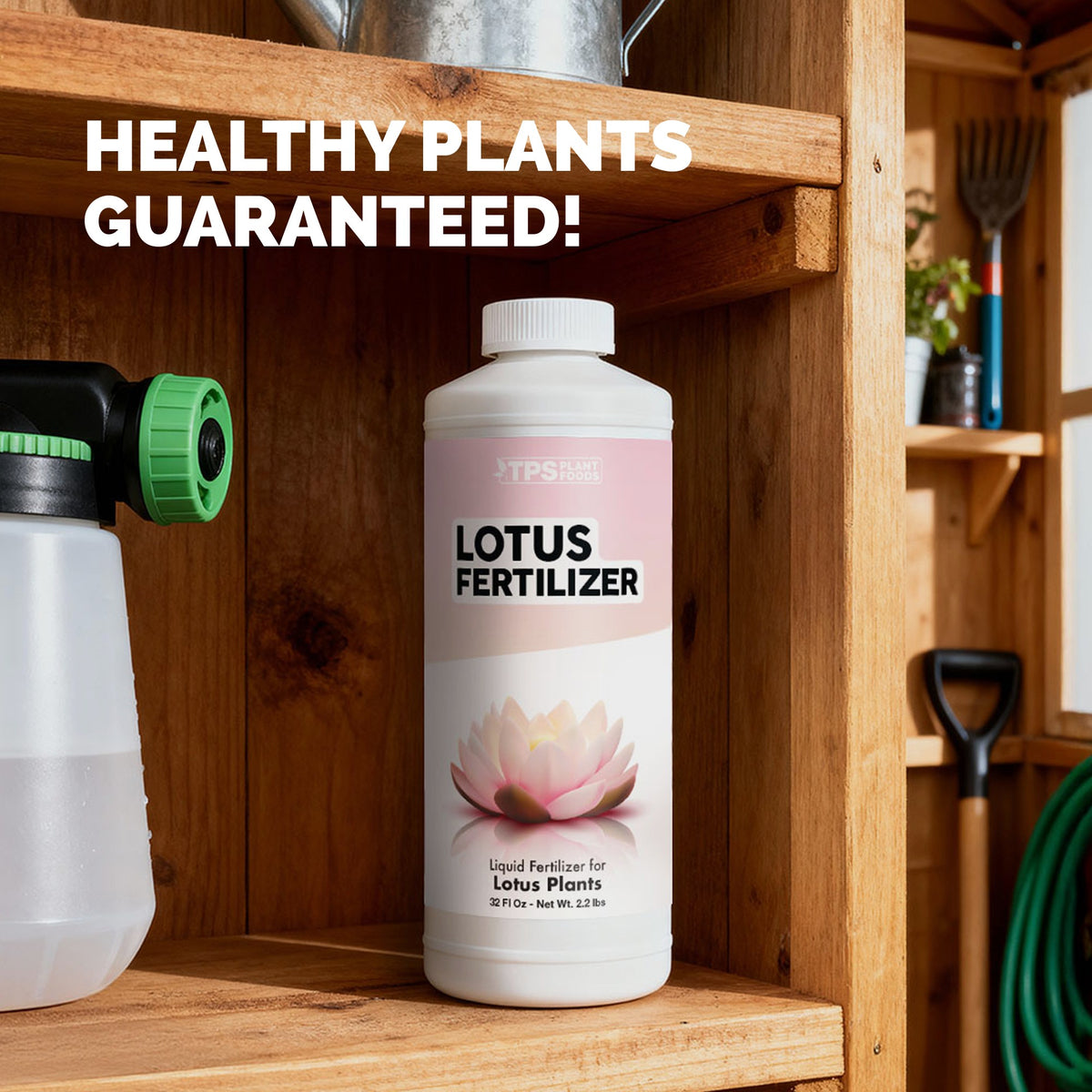 TPS Lotus Fertilizer 32 oz bottle on a garden shed shelf beside a hose-end sprayer and watering can, with the text "Healthy plants guaranteed" [guarantee]