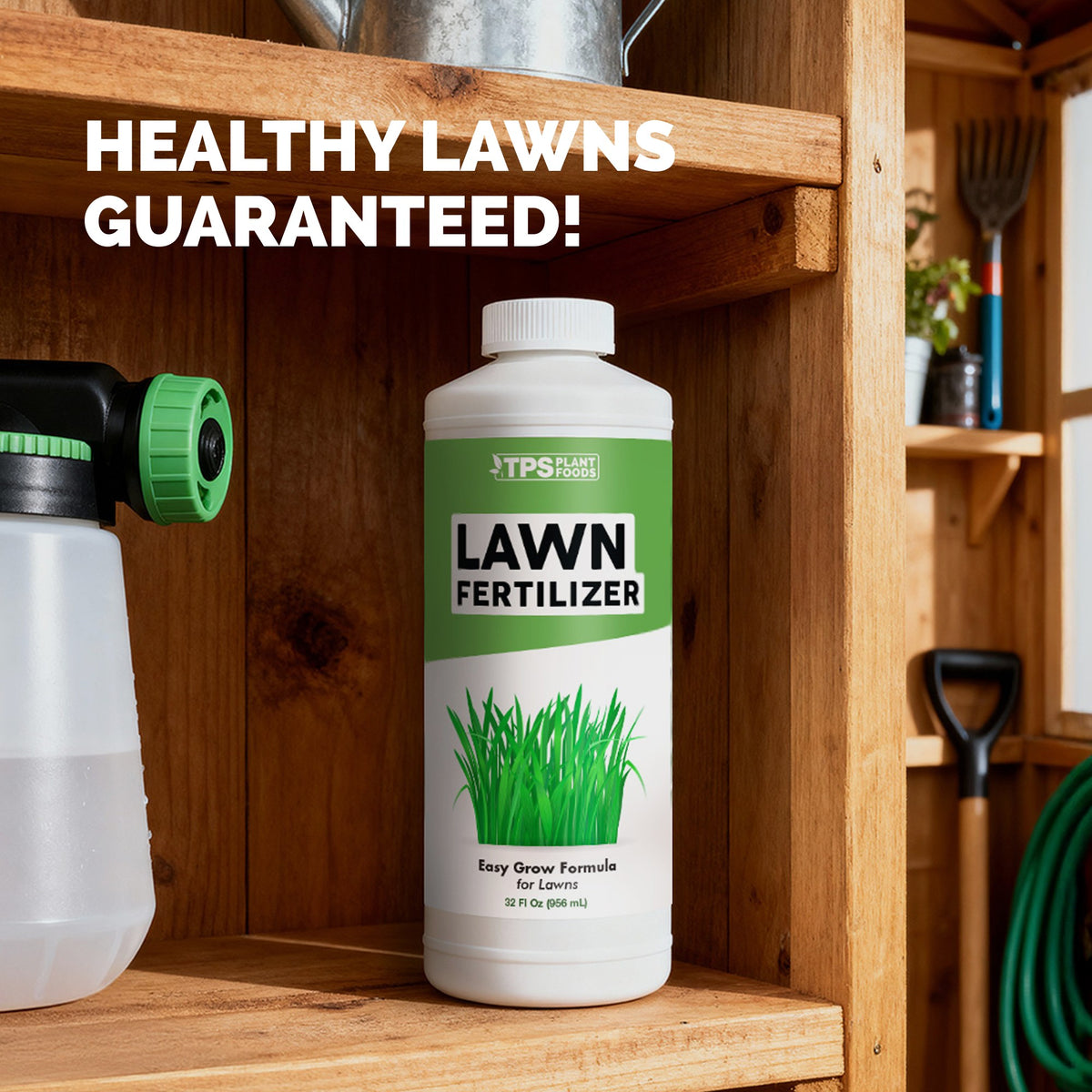 TPS Lawn Fertilizer 32 oz bottle on a garden shed shelf beside a hose-end sprayer — healthy plants guaranteed