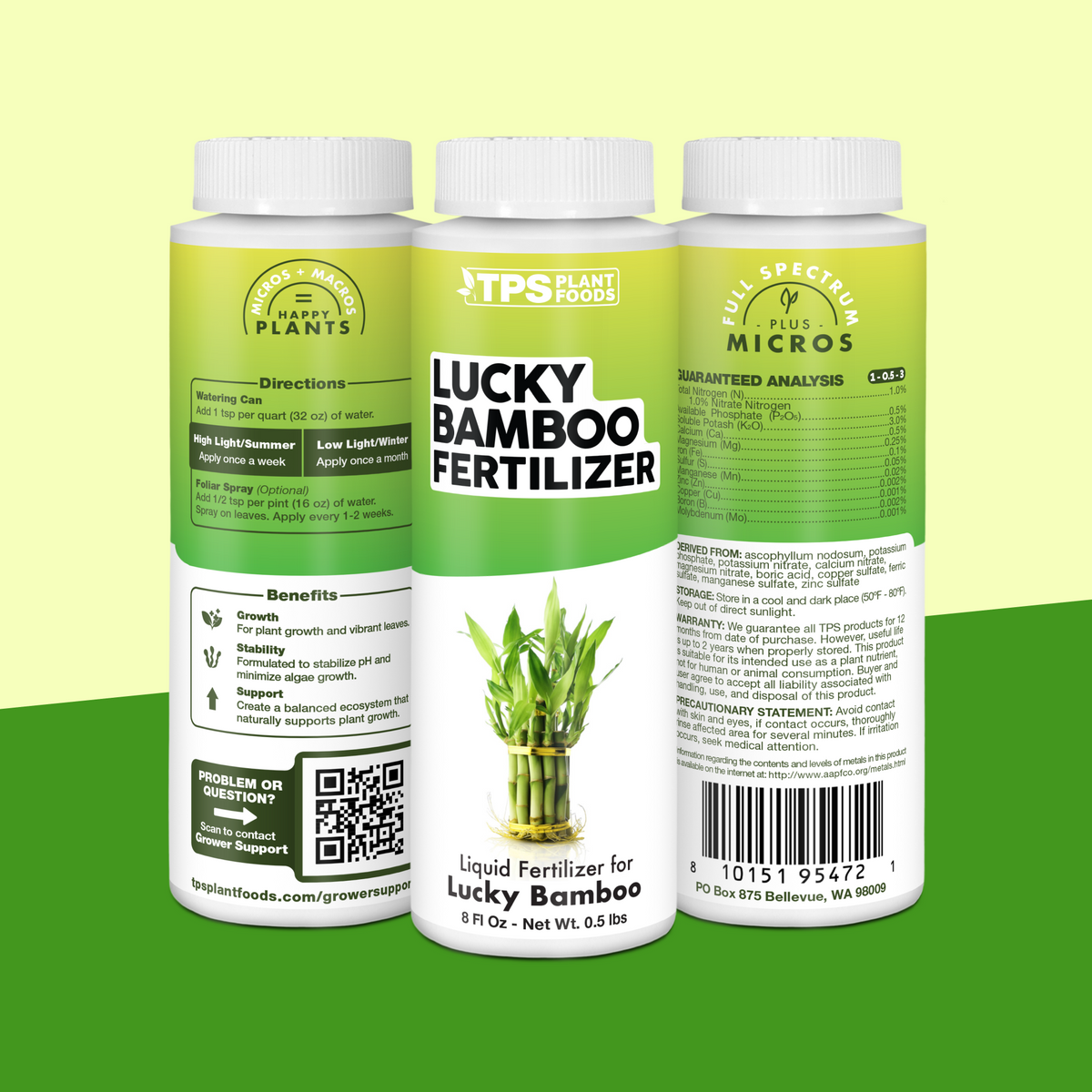 TPS Lucky Bamboo Fertilizer 8 oz bottle showing front label, directions (1 tsp per quart) and guaranteed analysis [tri-wrap]