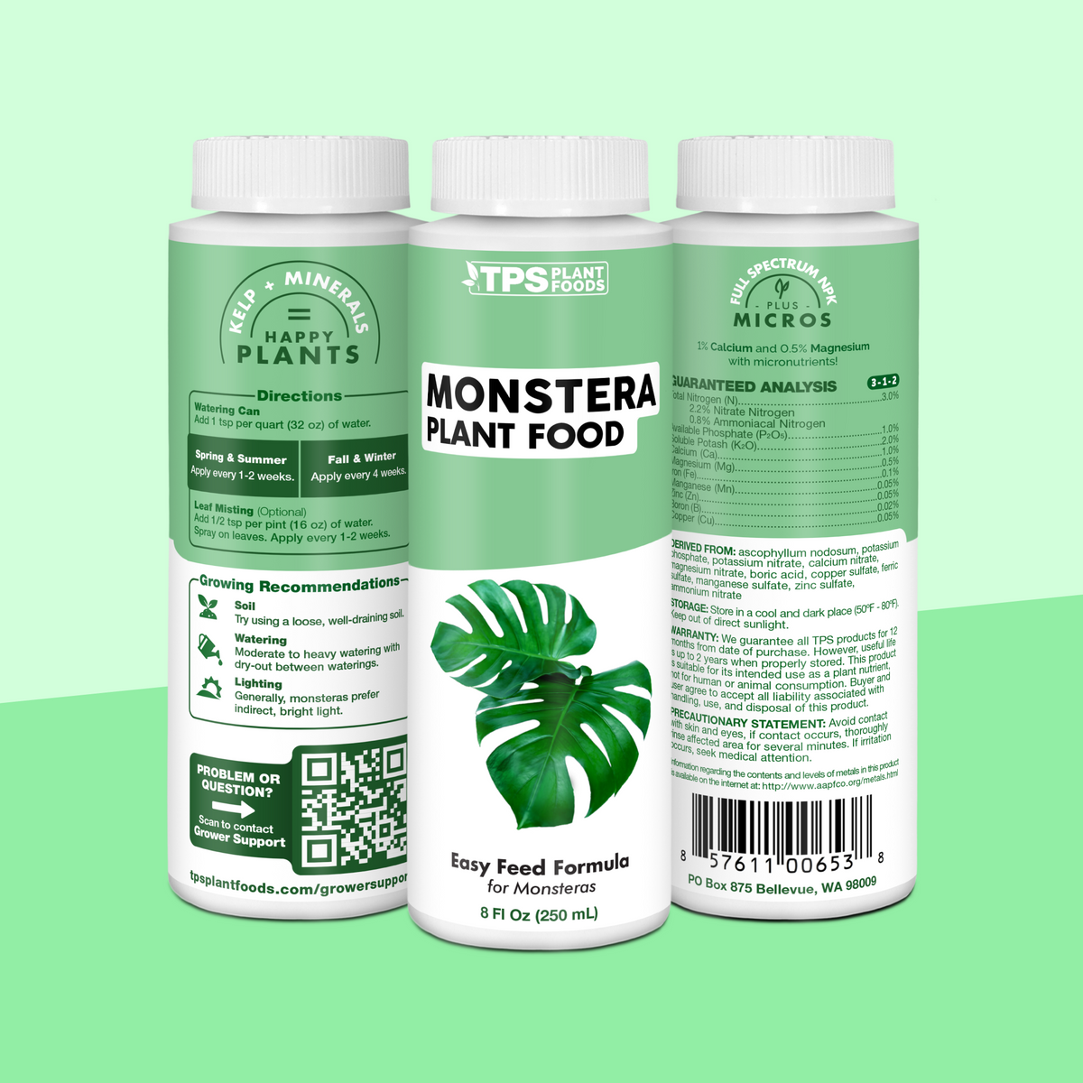 TPS Monstera Plant Food 8 oz bottle showing front label, directions (1 tsp per quart) and guaranteed analysis