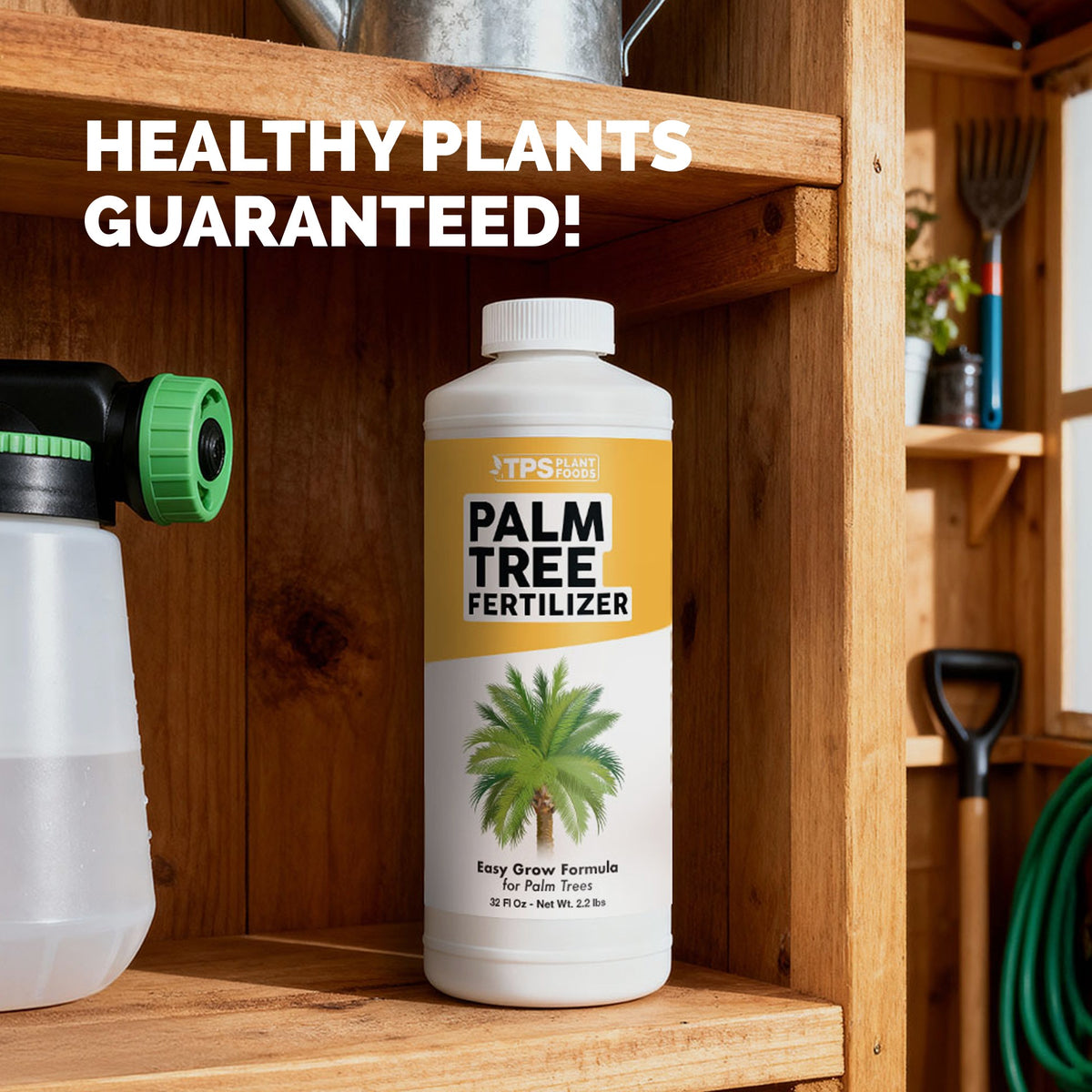 TPS Mycorrhizal Fungi for Palm Trees 32 oz bottle on a garden shed shelf beside a hose-end sprayer — healthy plants guaranteed [guarantee]