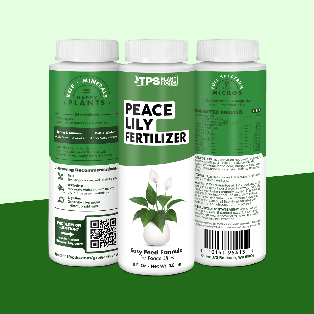 TPS Peace Lily Fertilizer 8 oz bottle showing front label, directions (1 tsp per quart) and guaranteed analysis