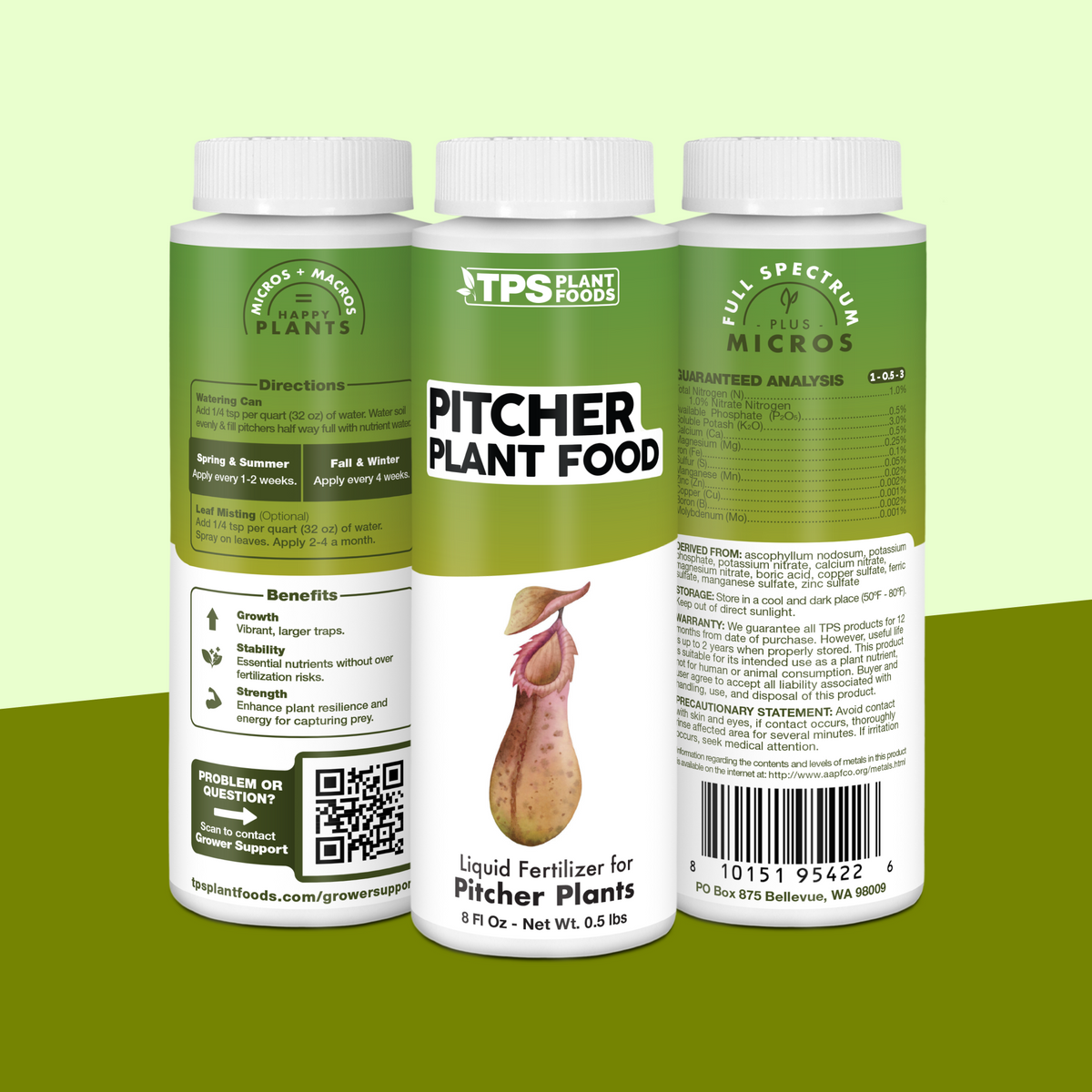 TPS Pitcher Plant Food 8 oz bottle showing front label, directions (1/4 tsp per quart) and guaranteed analysis [tri-wrap]