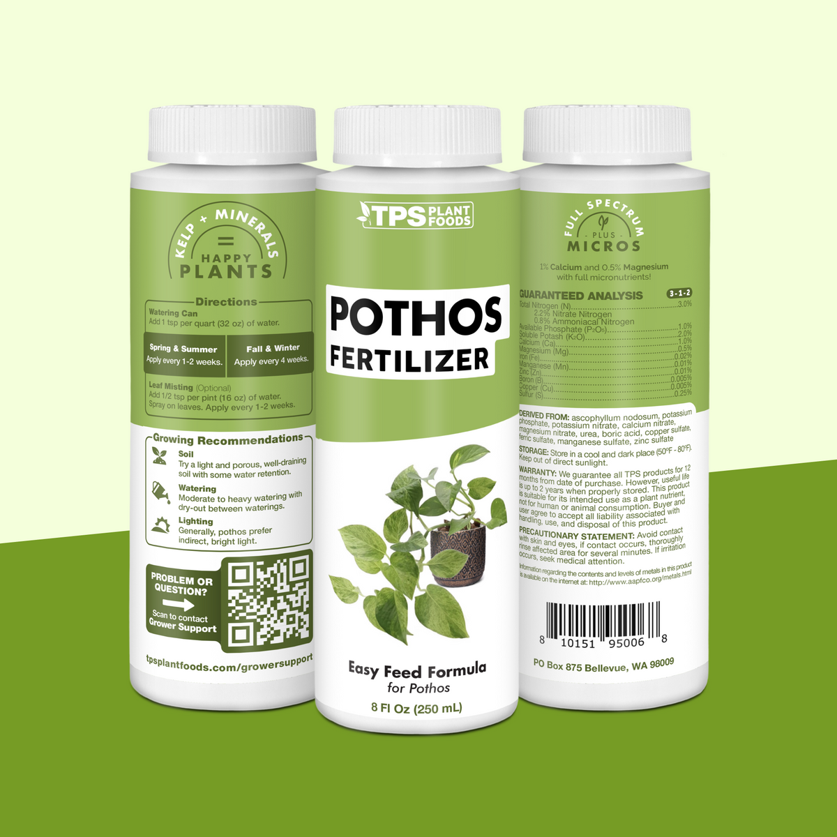 TPS Pothos Fertilizer 8 oz bottle showing front label, directions (1 tsp per quart) and guaranteed analysis
