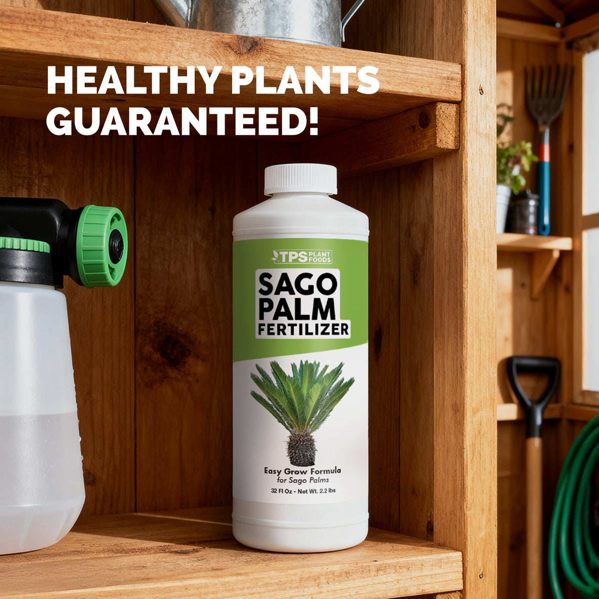 TPS Sago Palm Fertilizer 32 oz bottle on a garden shed shelf beside a hose-end sprayer — healthy plants guaranteed