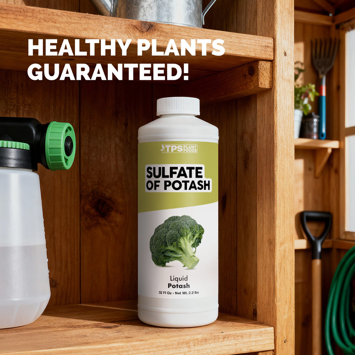 TPS Sulfate Of Potash 32 oz bottle on a garden shed shelf beside a hose-end sprayer — healthy plants guaranteed [guarantee]